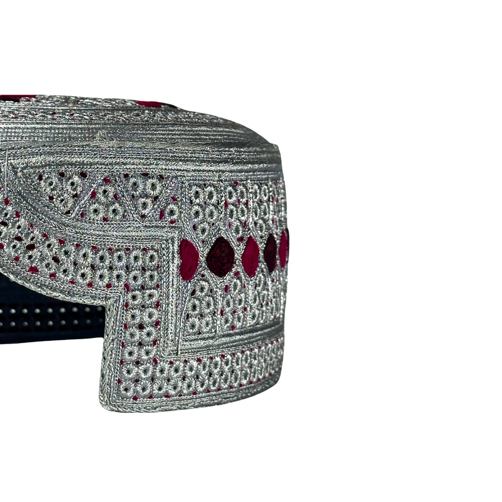 White Sindhi Topi - Maroon Stitching - Maroon And Dark Maroon Tikki - Raja Cap