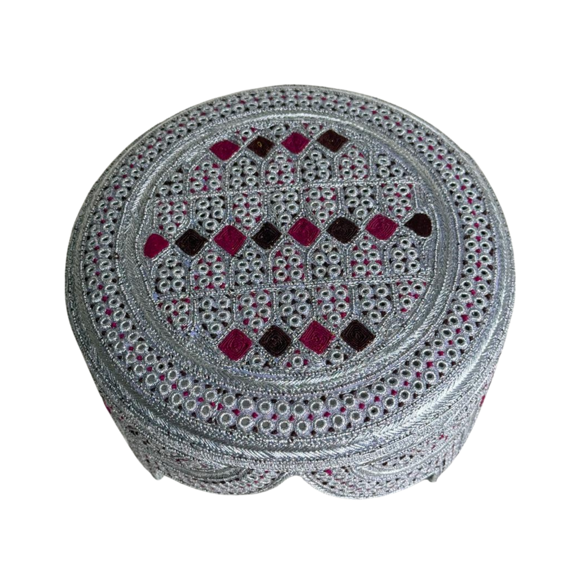 White Sindhi Topi - Pink Stitching - Brown and Pink Tikki - Raja Cap