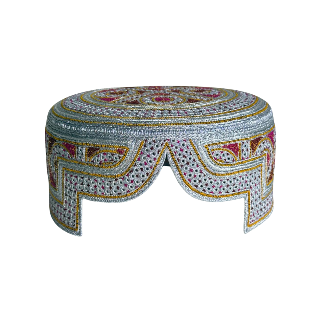 White Sindhi Topi - Traditional Design - Pink Stitching - Raja Cap