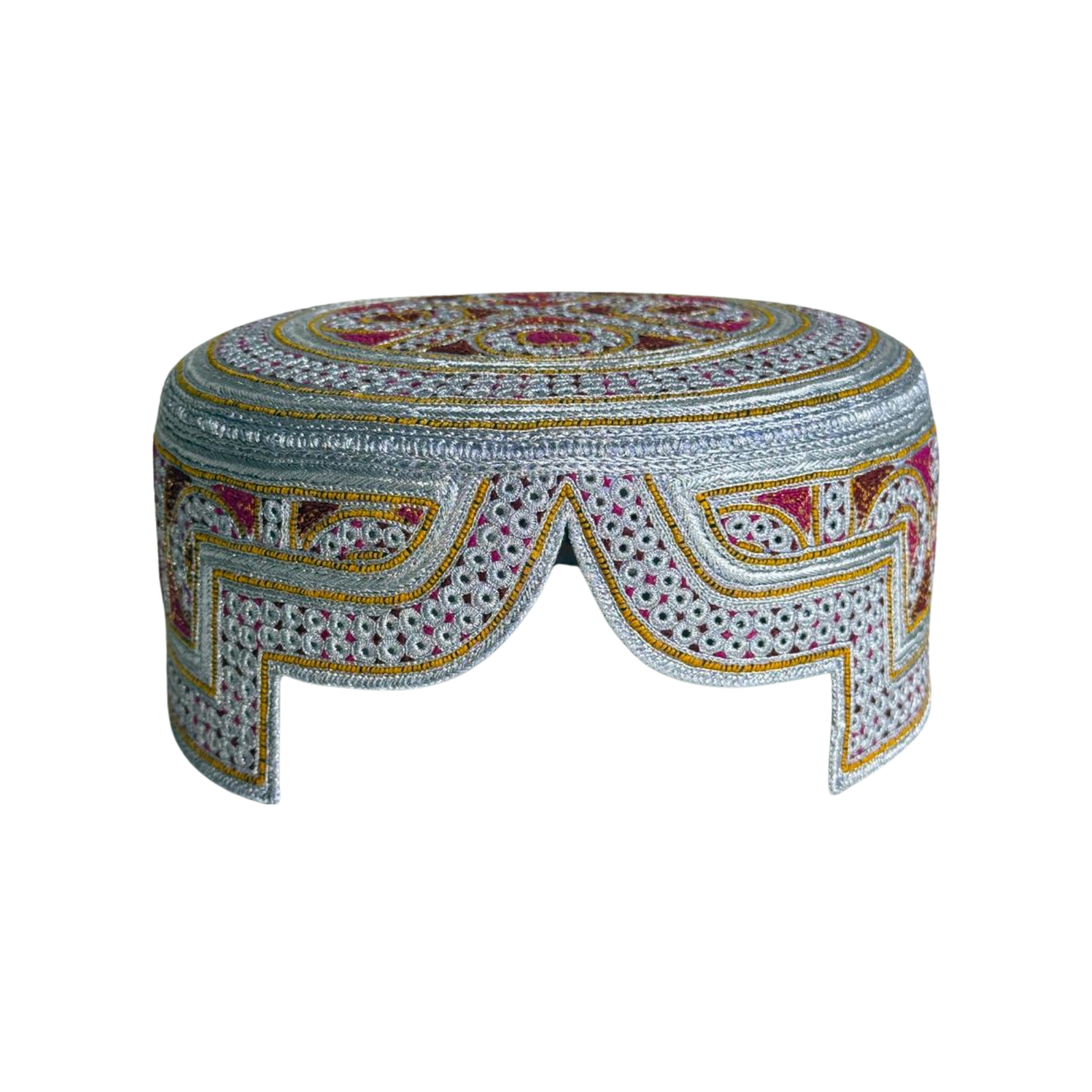 White Sindhi Topi - Traditional Design - Pink Stitching - Raja Cap