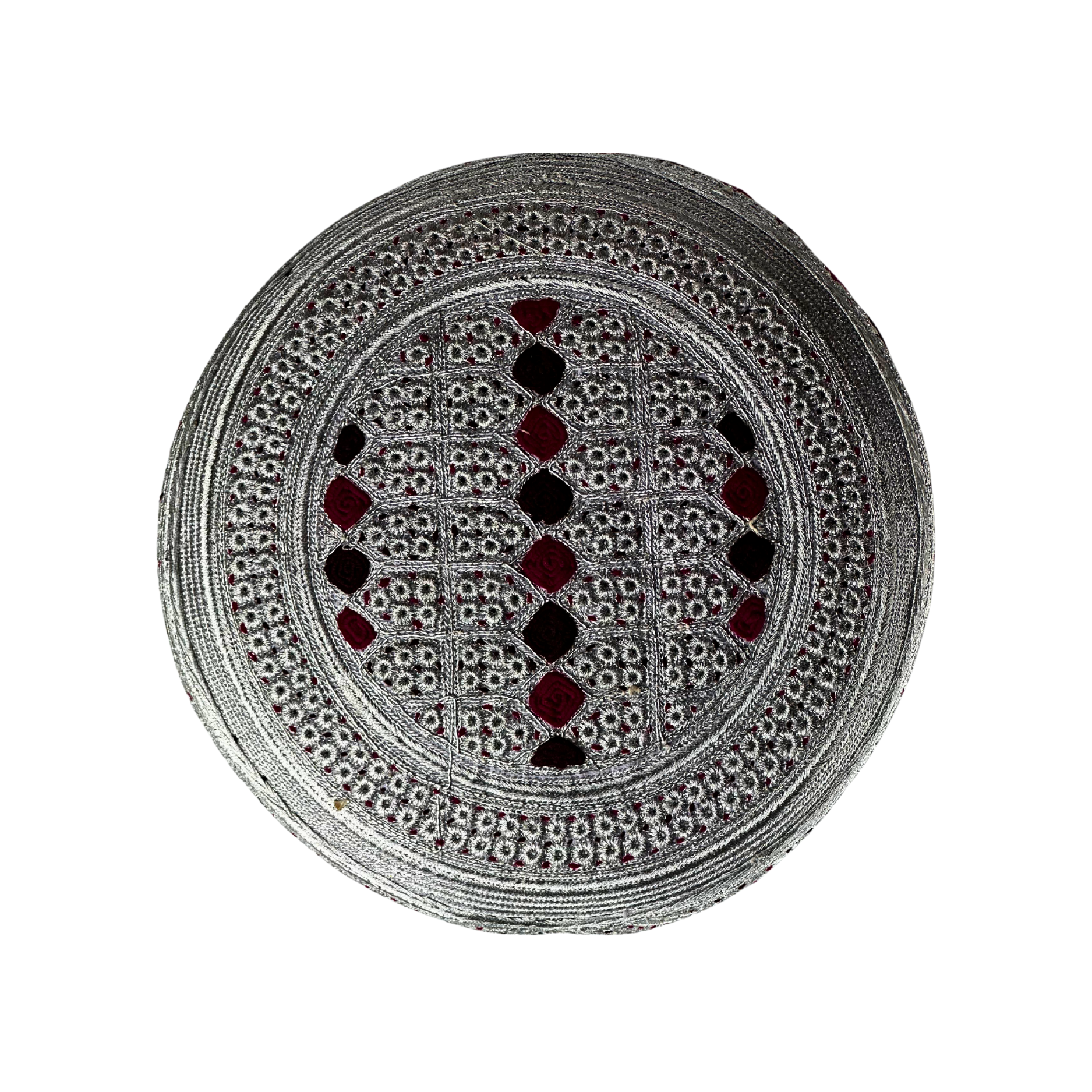 White Sindhi Topi - Maroon Stitching - Maroon And Dark Maroon Tikki - Raja Cap