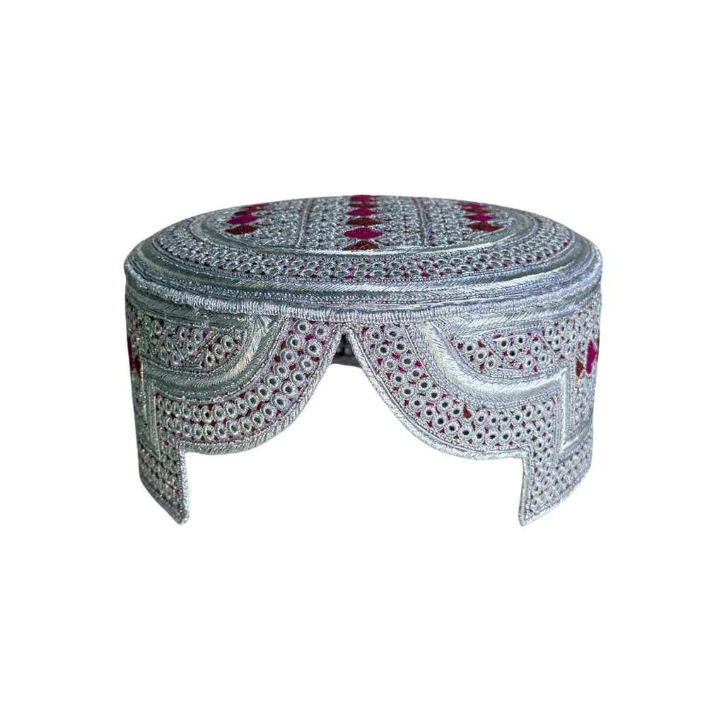 White Sindhi Topi - Pink Stitching - Pink and Maroon Tikki - Raja Cap