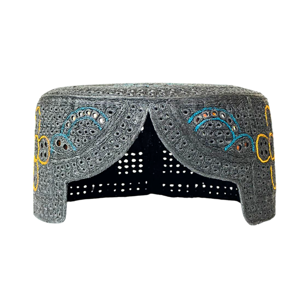 Silver Sindhi Topi - Flower Design - White Shade - Nasir Bhai