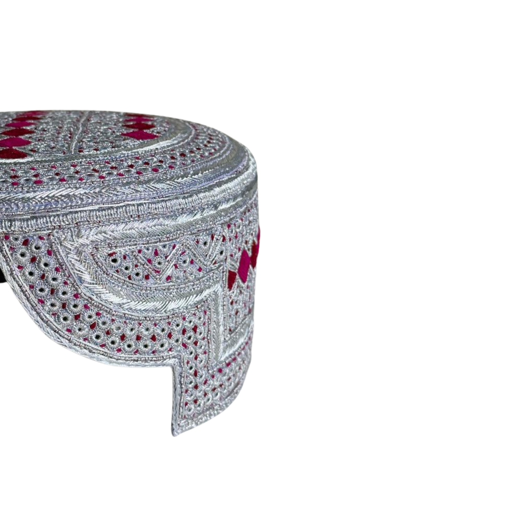 White Sindhi Topi - Pink Stitching - Pink and Maroon Tikki - Raja Cap