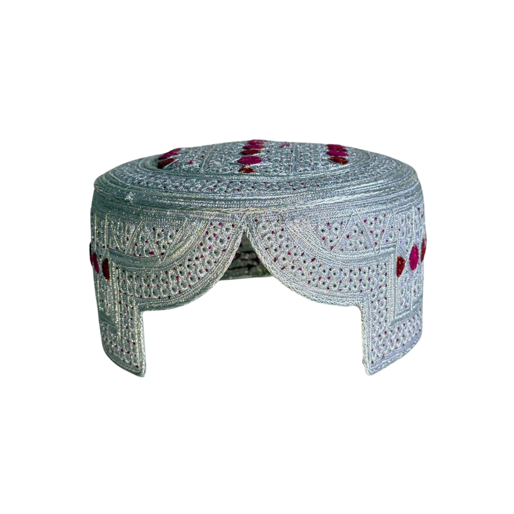 White Sindhi Topi - Pink Stitching - Maroon and Pink Tikki - Raja Cap