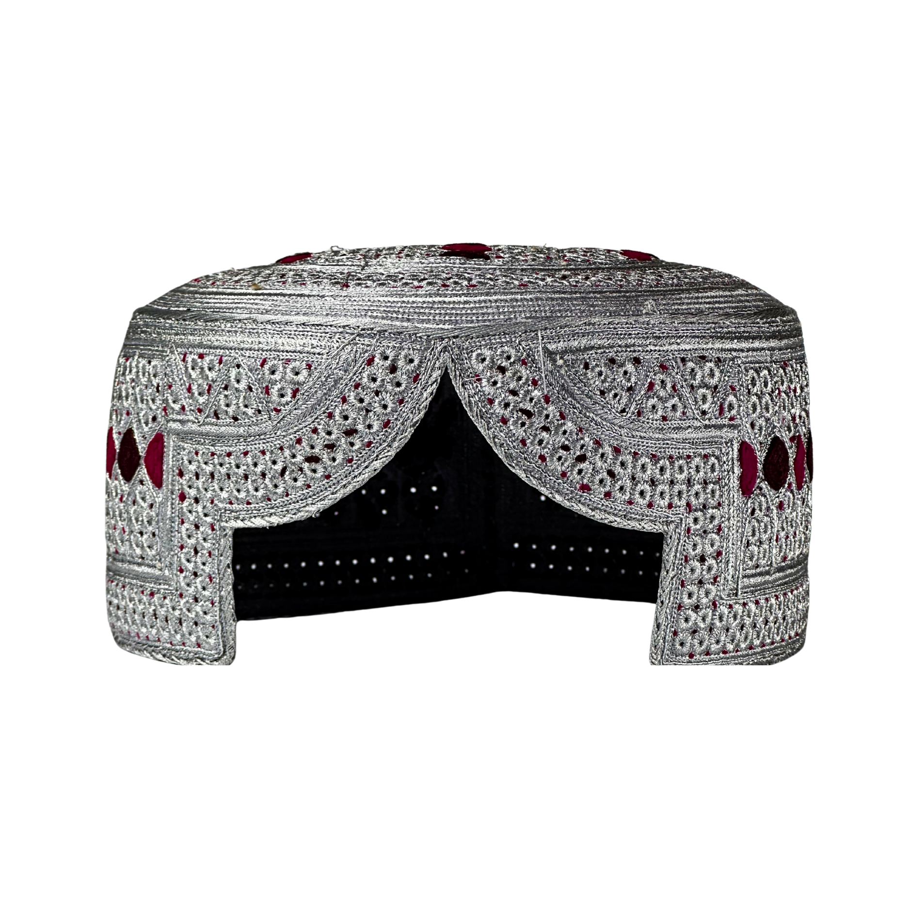 White Sindhi Topi - Maroon Stitching - Maroon And Dark Maroon Tikki - Raja Cap