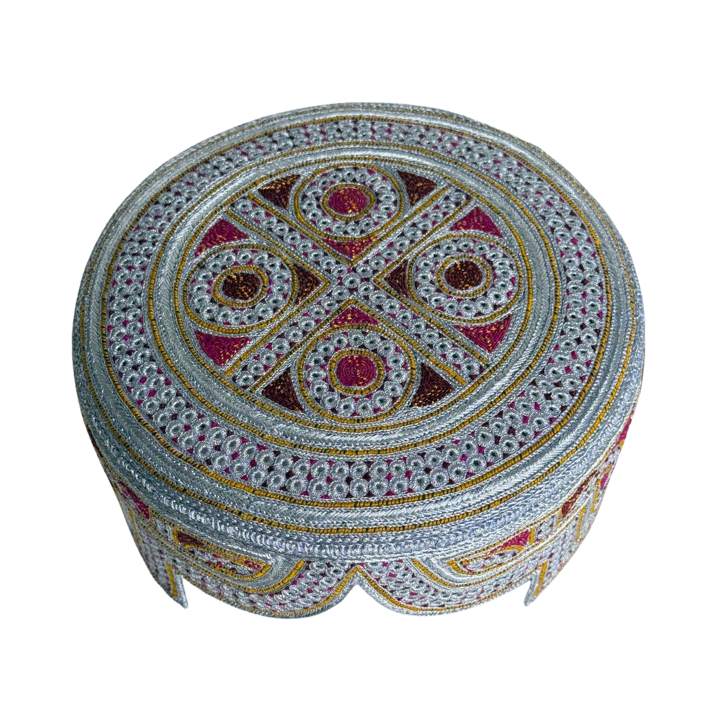 White Sindhi Topi - Traditional Design - Pink Stitching - Raja Cap