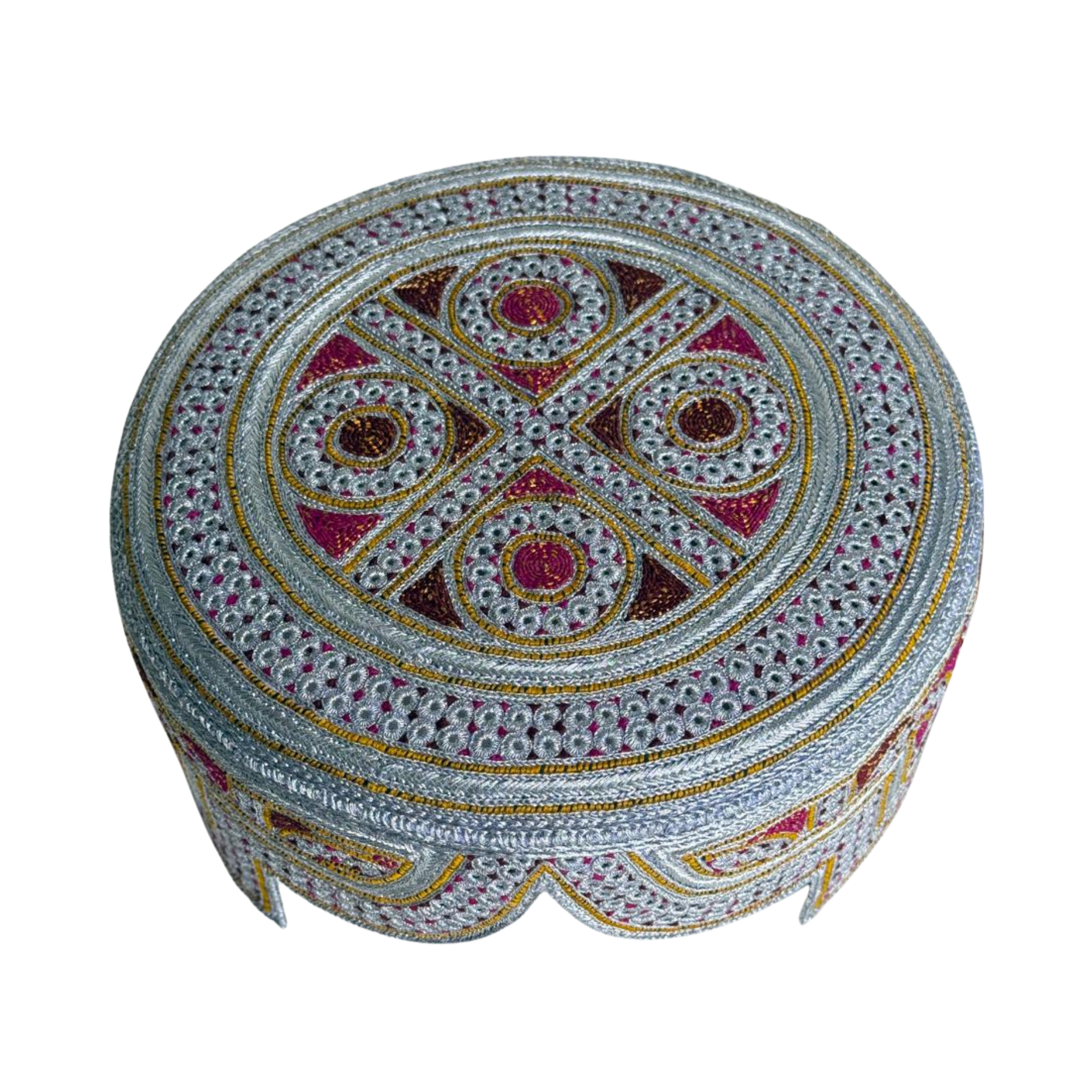 White Sindhi Topi - Traditional Design - Pink Stitching - Raja Cap