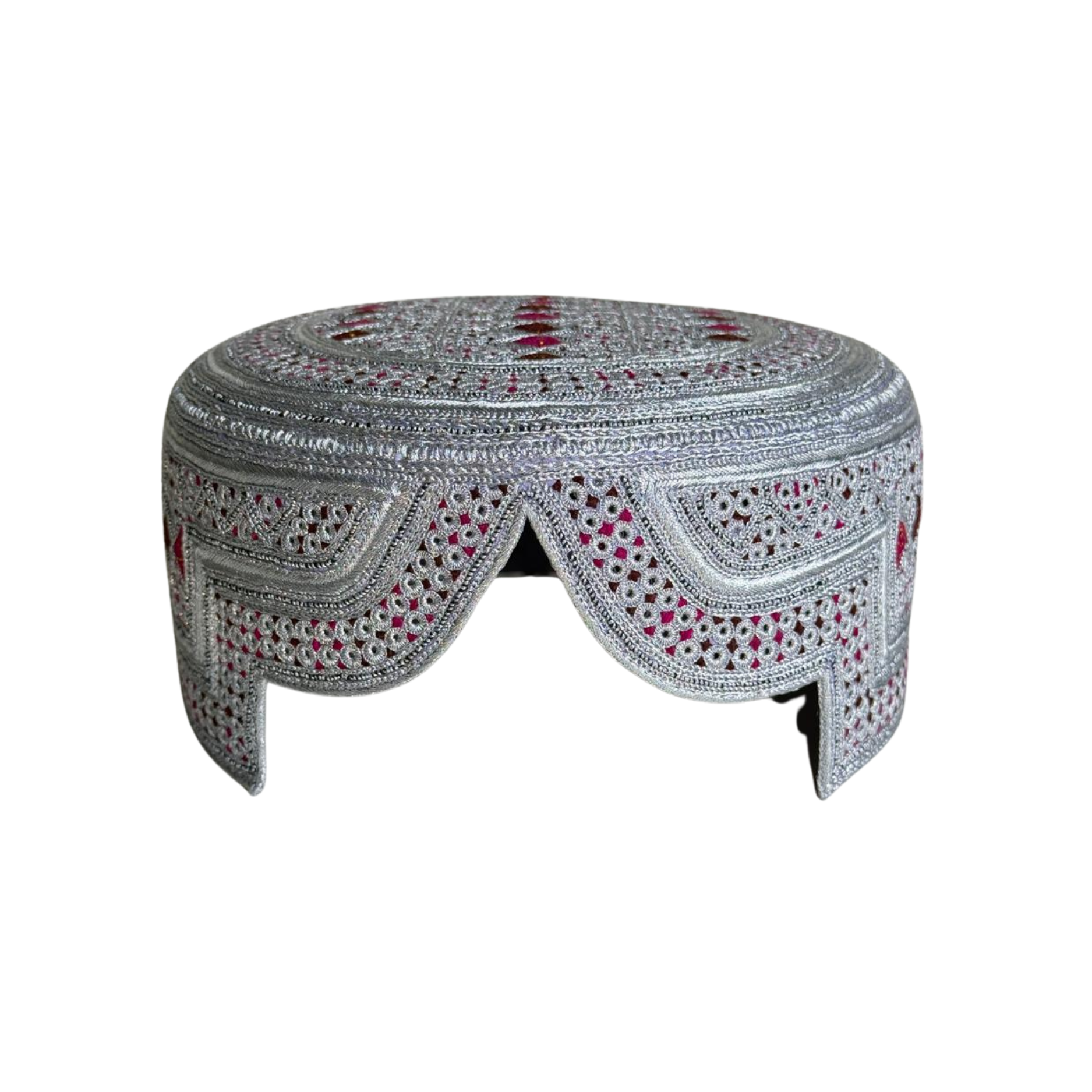 White Sindhi Topi - Pink Stitching - Maroon and Pink Tikki - Raja Cap