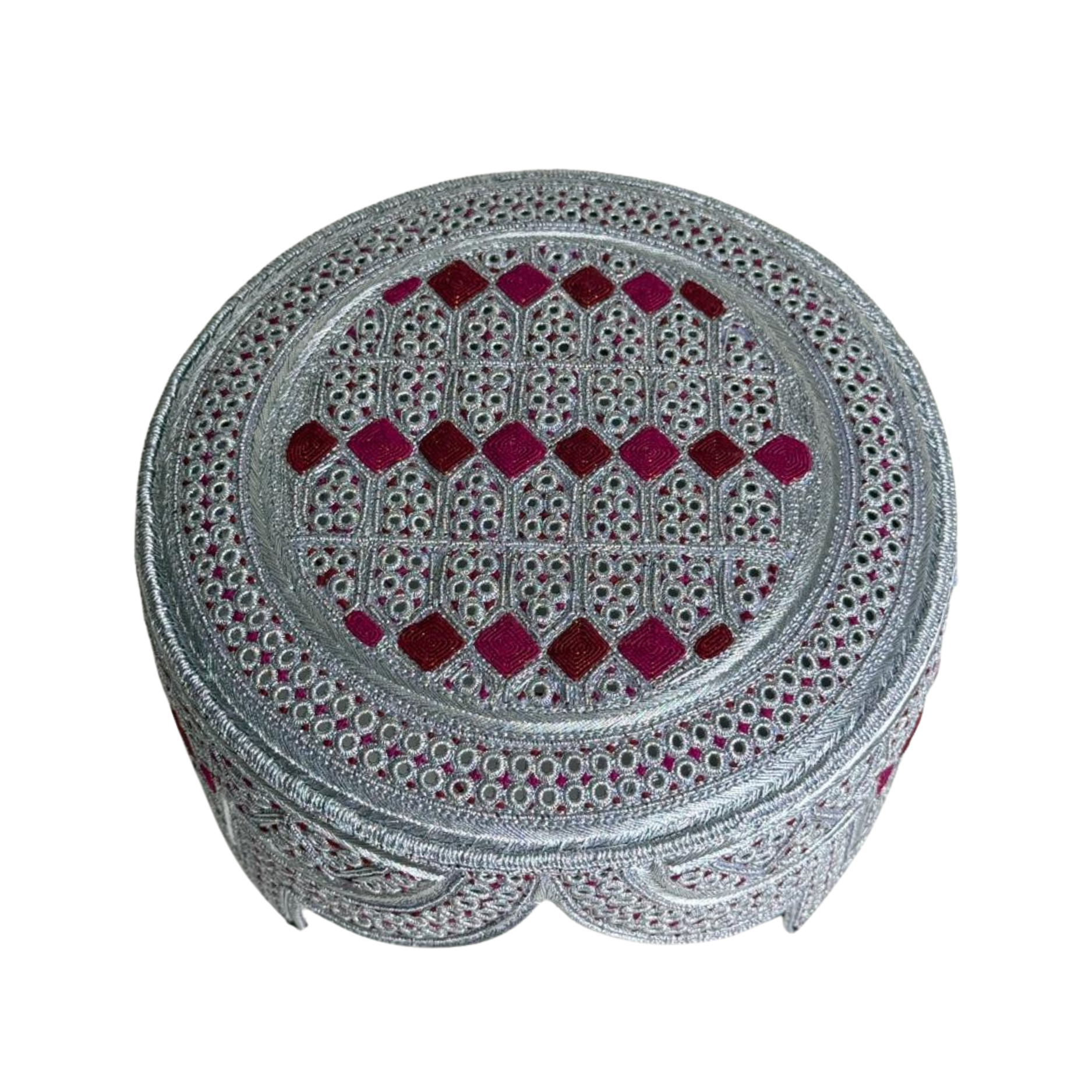 White Sindhi Topi - Pink Stitching - Pink and Maroon Tikki - Raja Cap