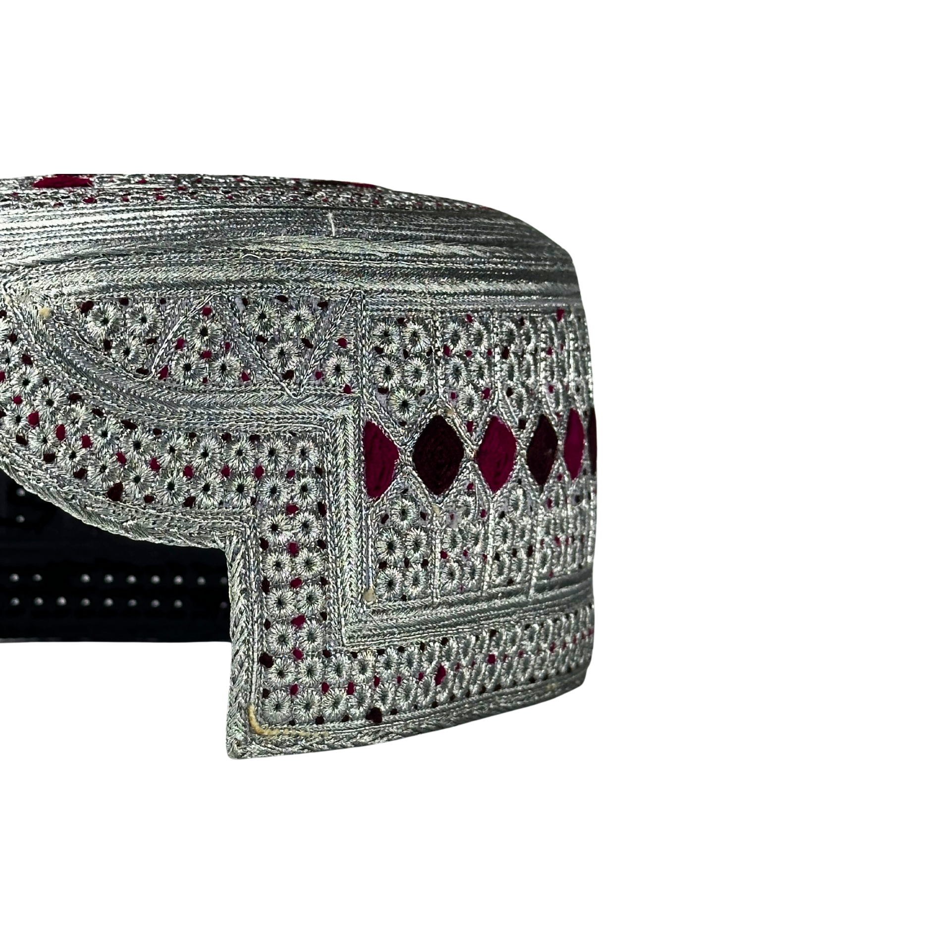 White Sindhi Topi - Maroon Stitching - Dark Martoon And Maroon Tikk i - Raja Cap
