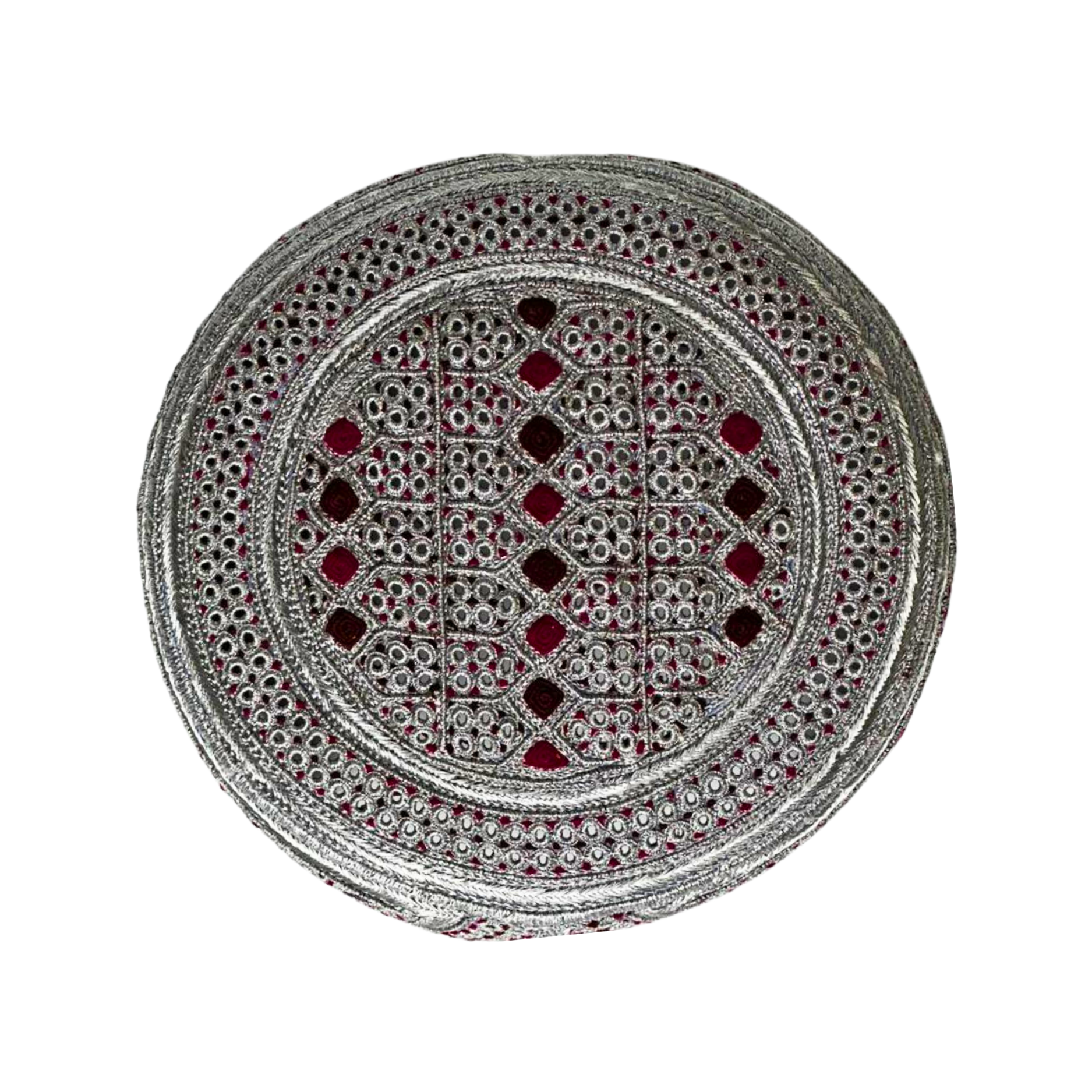 White Sindhi Topi - Maroon Stitching - Maroon And Red Tikki - Raja Cap