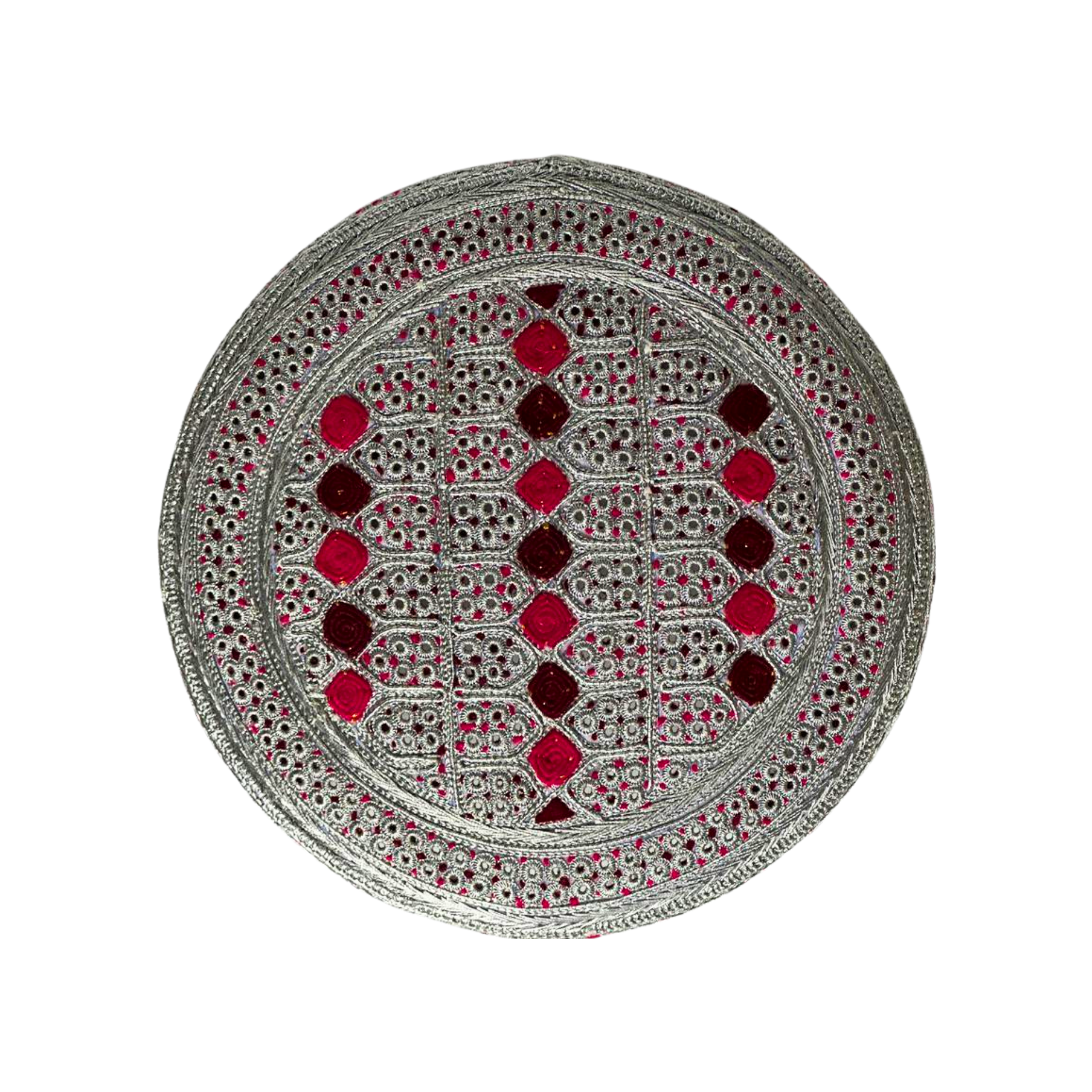 White Sindhi Topi - Pink And Purple Tikki - Pink Stitching - Raja Cap