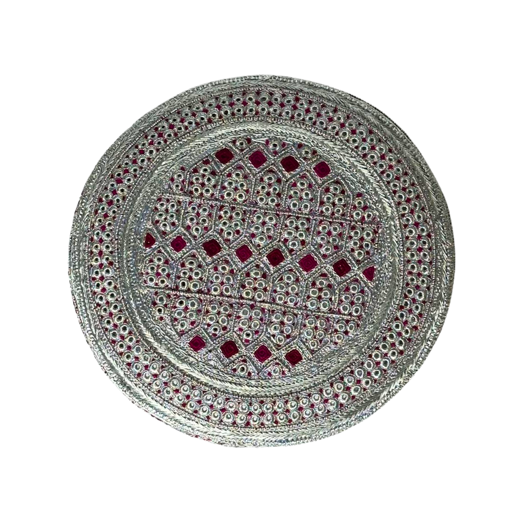 White Sindhi Topi - Pink Stitching - Maroon And Pink Tikki - Raja Cap