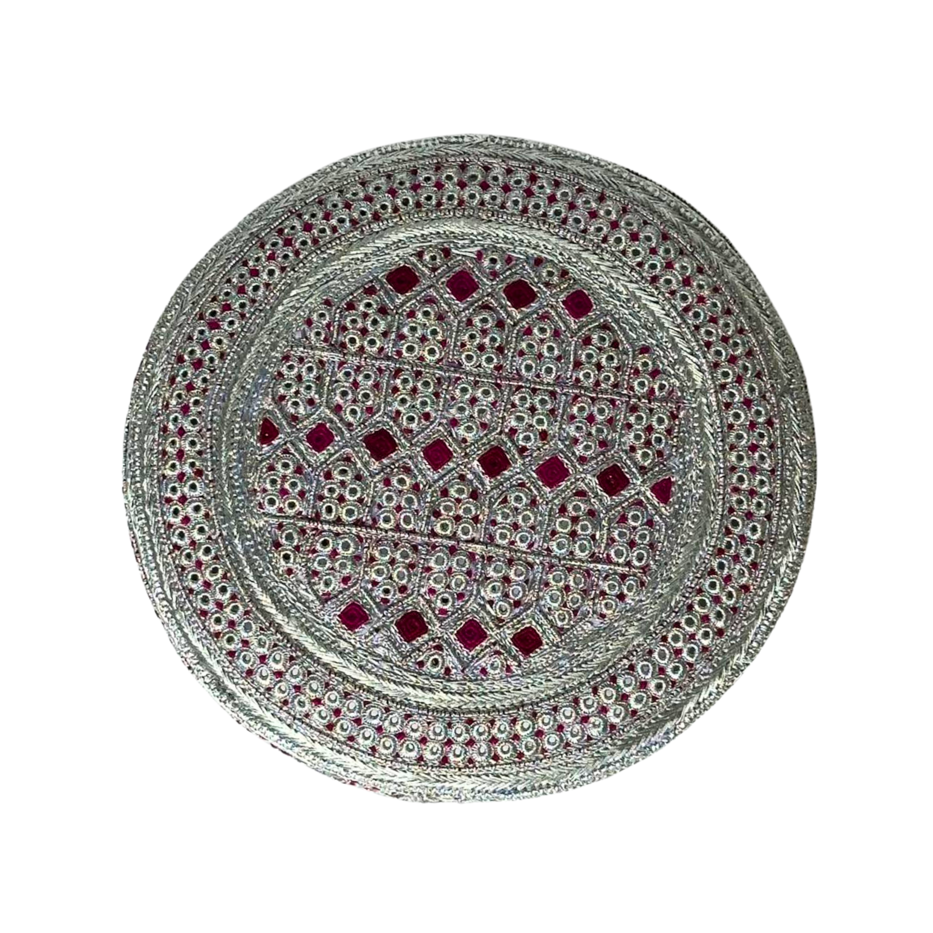 White Sindhi Topi - Pink Stitching - Maroon And Pink Tikki - Raja Cap