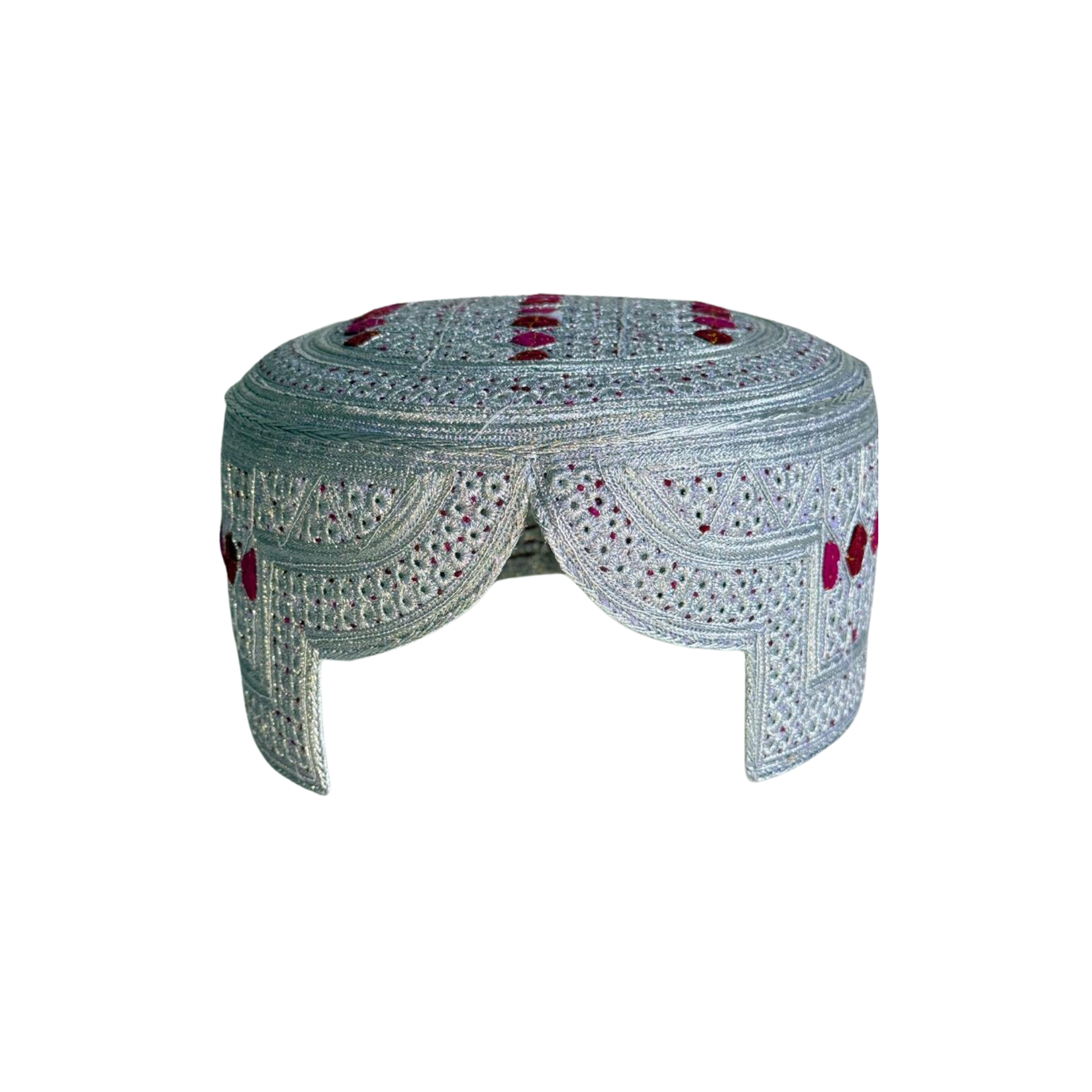 White Sindhi Topi - PInk Stitching - Maroon and Pink Tikki - Raja Cap