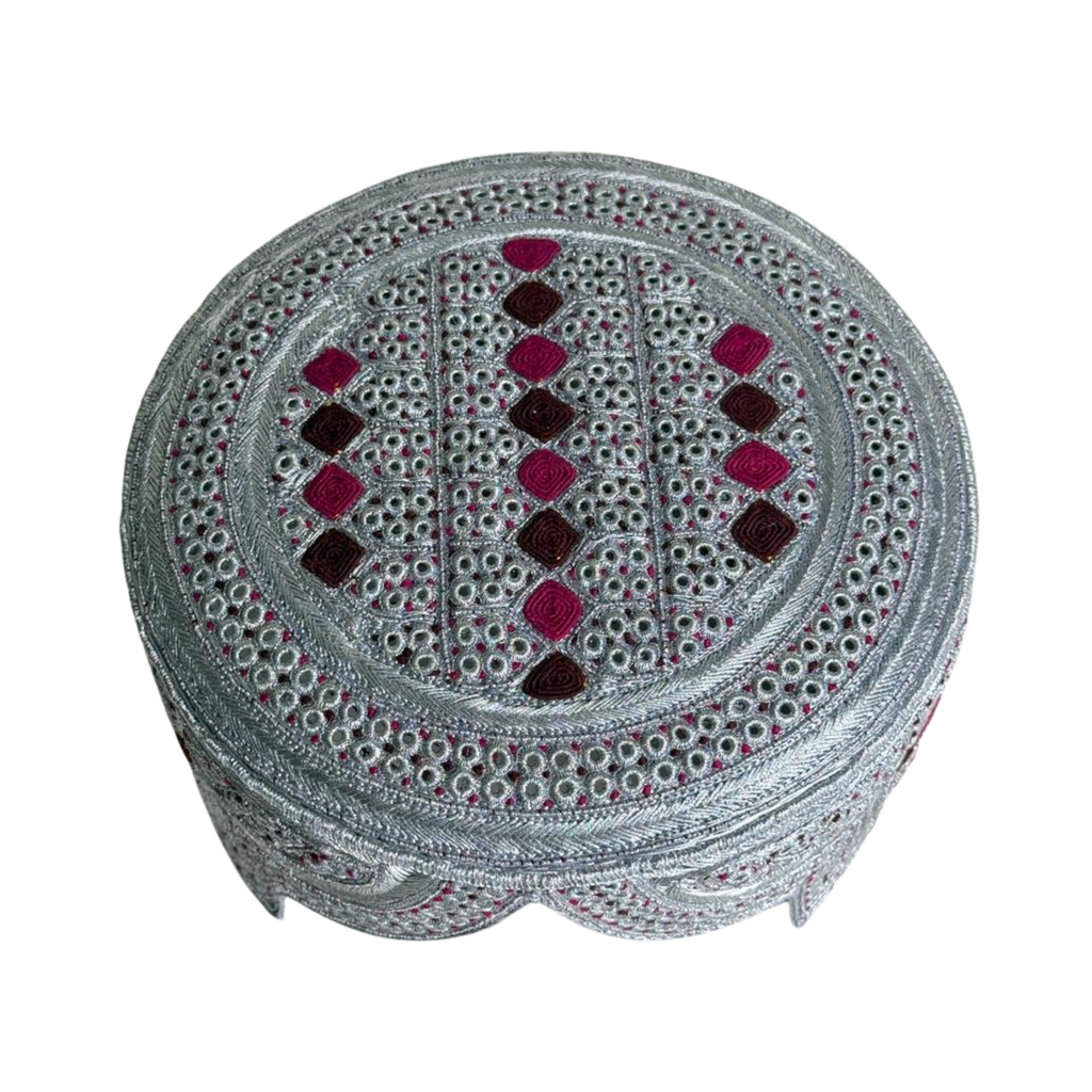 White Sindhi Topi - Pink Stitching - Maroon and Pink Tikki - Raja Cap