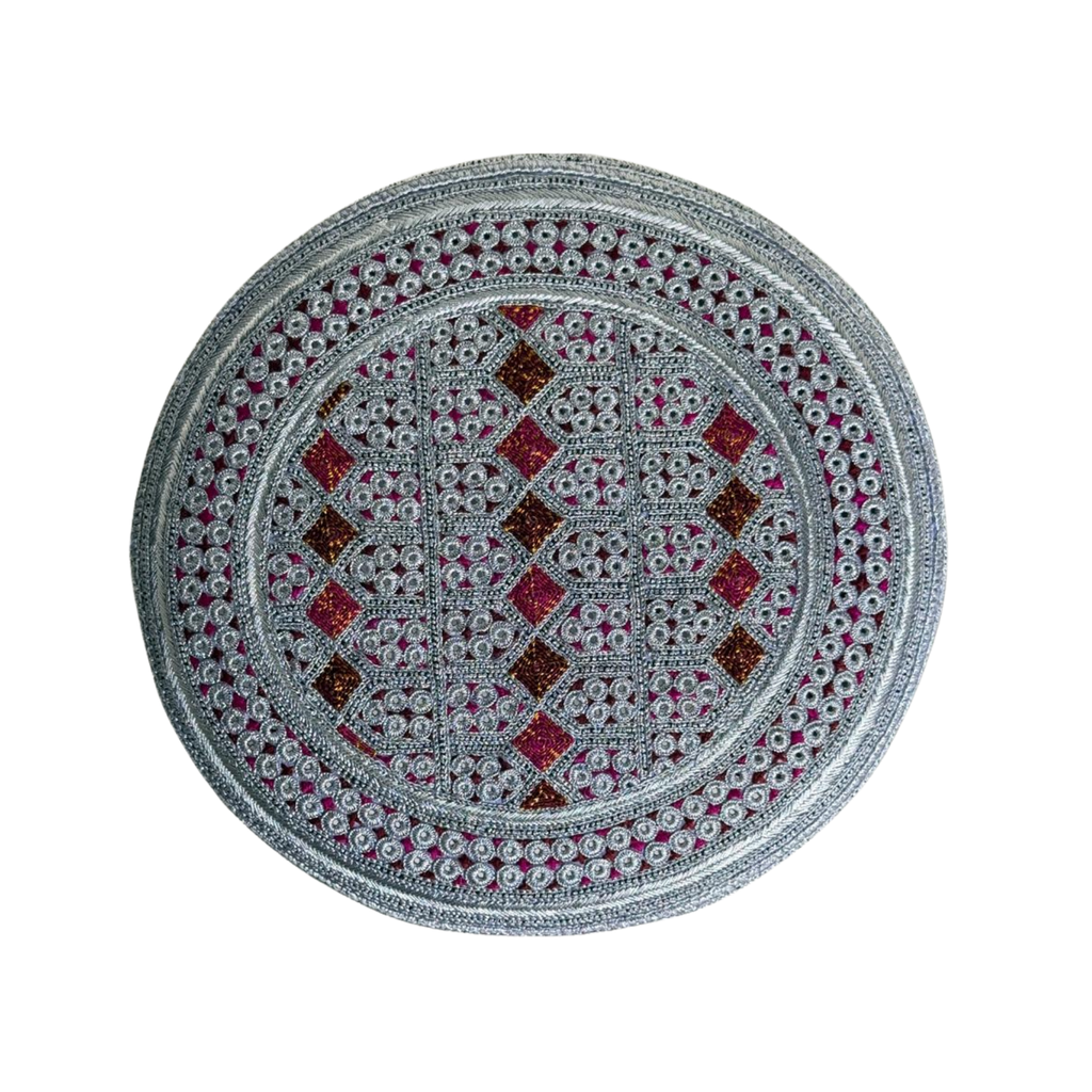 White Sindhi Tipo - Pink Stitching - Brown And Pink  Tikki- Raja Cap