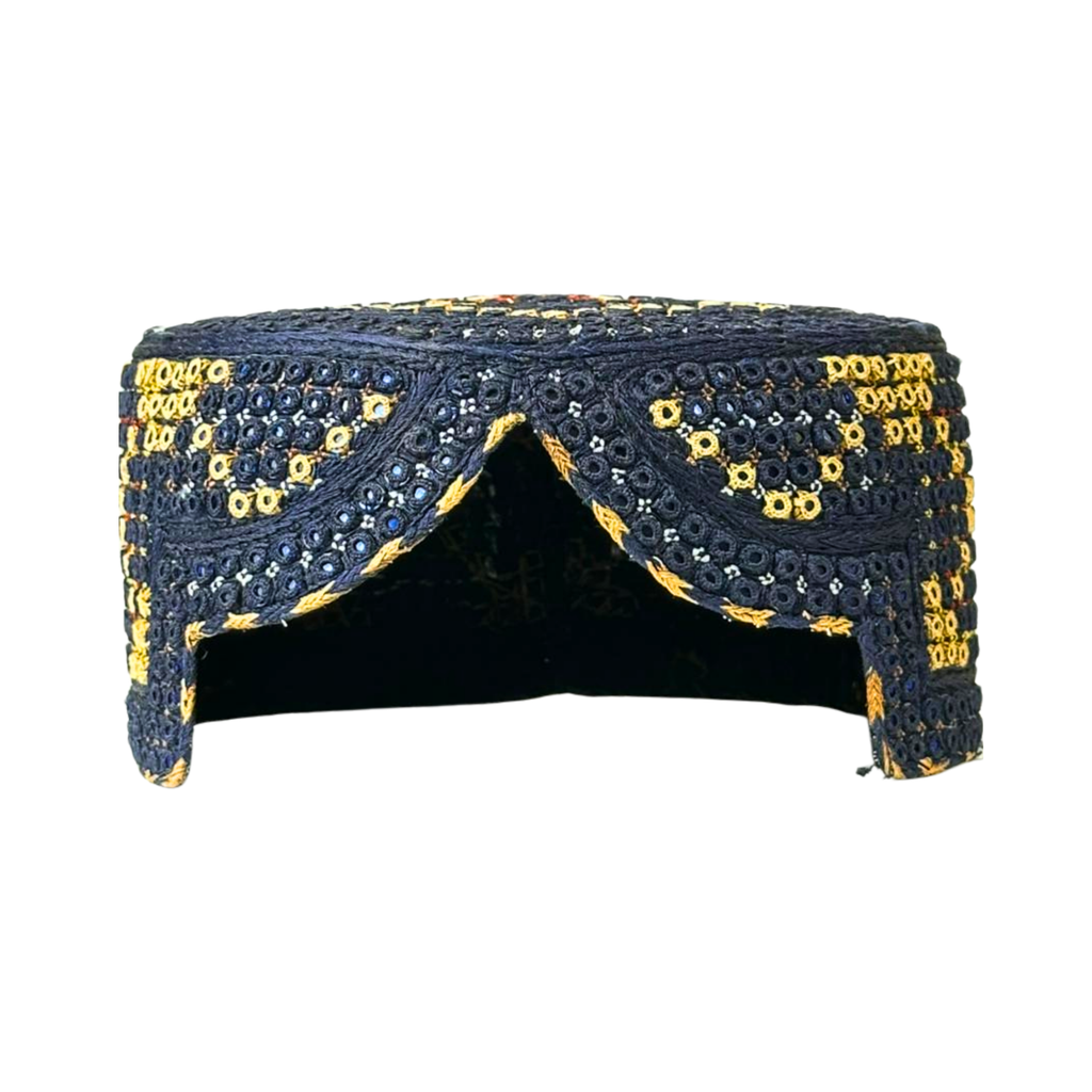 Black Sindhi Topi - Flower Design - Blue Shade - Nasir Bhai