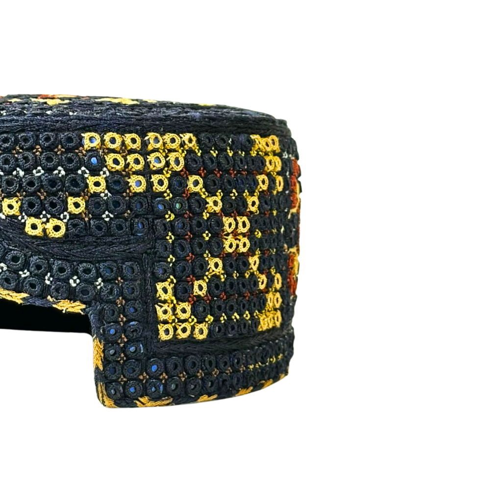 Black Sindhi Topi - Flower Design - Blue Shade - Nasir Bhai