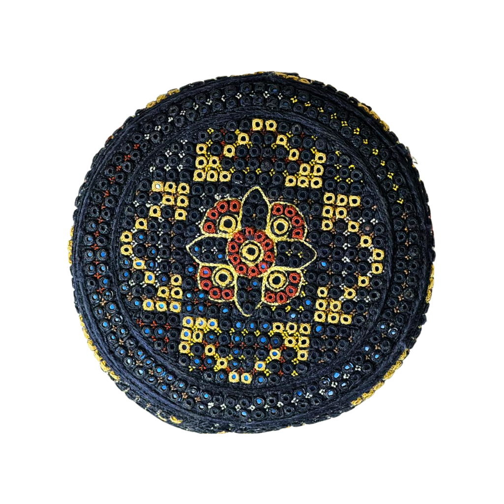 Black Sindhi Topi - Flower Design - Blue Shade - Nasir Bhai