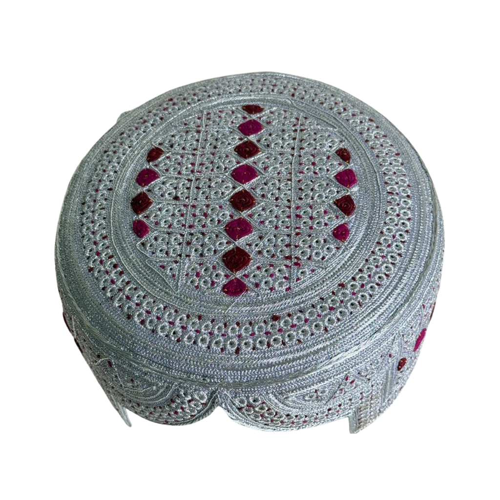 White Sindhi Topi - Pink Stitching - Pink and Maroon Tikki - Raja Cap