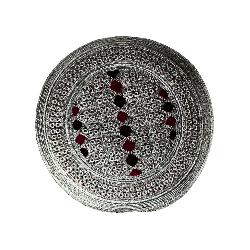 White Sindhi Topi - Maroon Stitching - Dark Martoon And Maroon Tikk i - Raja Cap