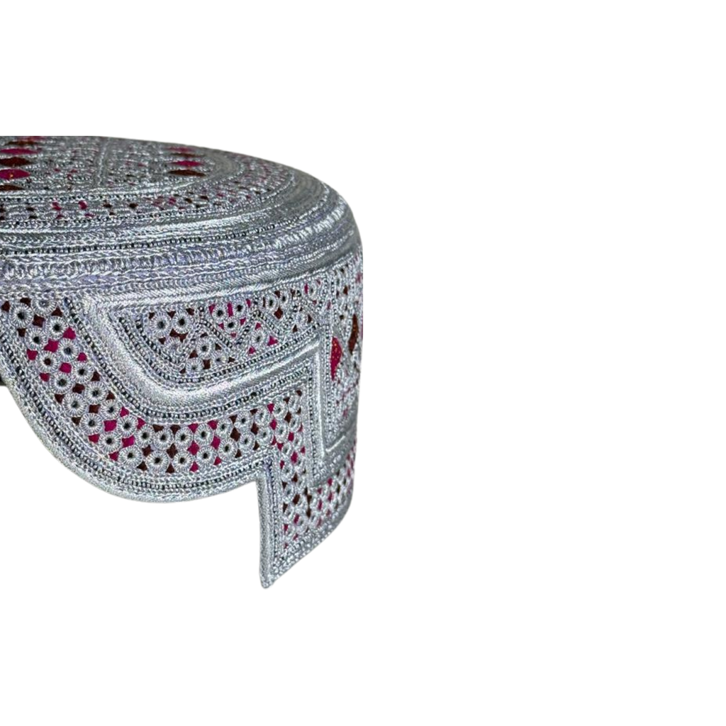 White Sindhi Topi - Pink Stitching - Maroon and Pink Tikki - Raja Cap