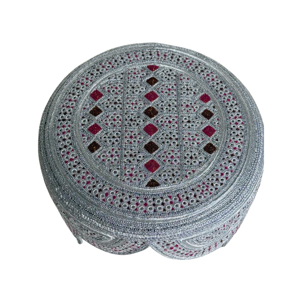 White Sindhi Topi - Pink Stitching - Maroon and Pink Tikki - Raja Cap