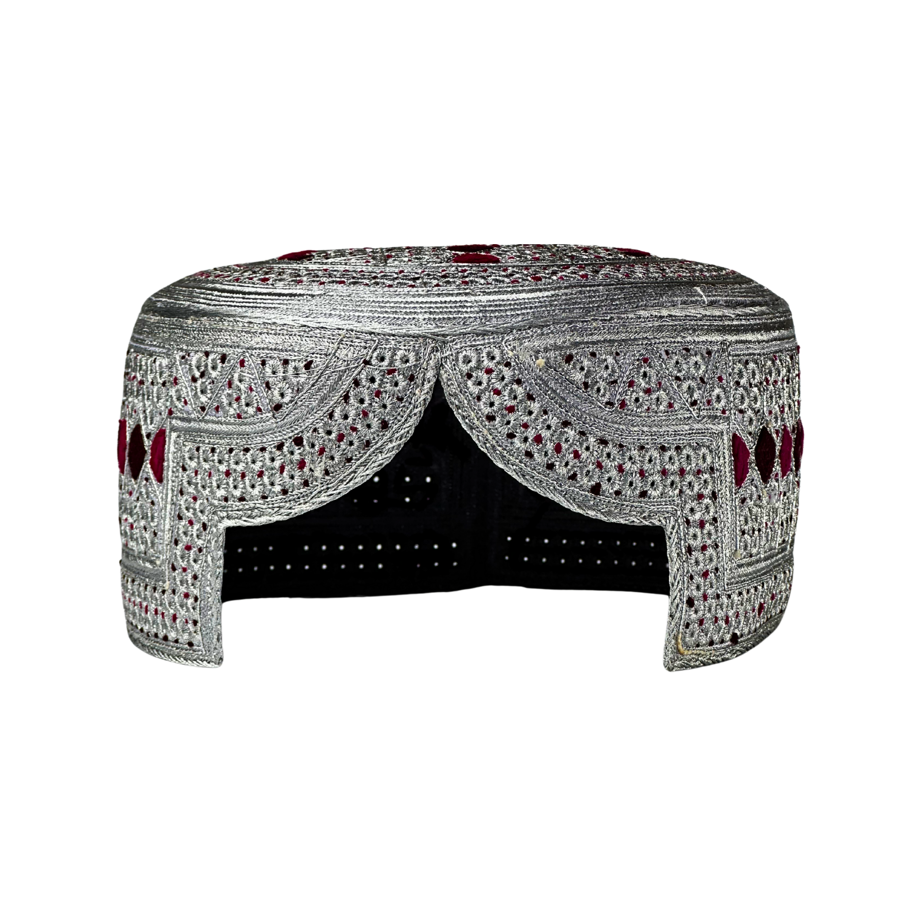 White Sindhi Topi - Maroon Stitching - Dark Martoon And Maroon Tikk i - Raja Cap