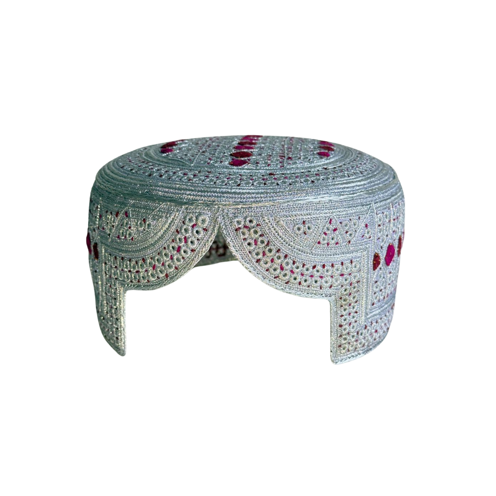 White Sindhi Topi - Pink Stitching - Pink and Maroon Tikki - Raja Cap