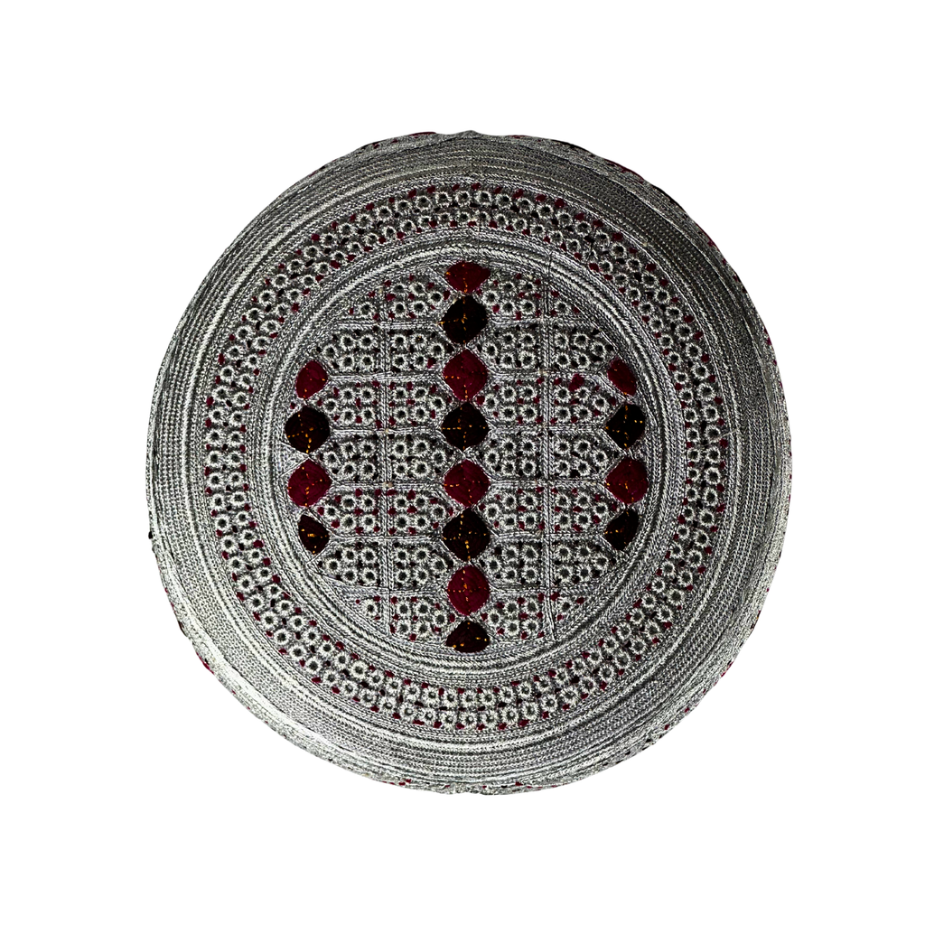 White Sindhi Topi - Pink Stitching - Dark Maroon And Maroon Tikki - Raja Cap