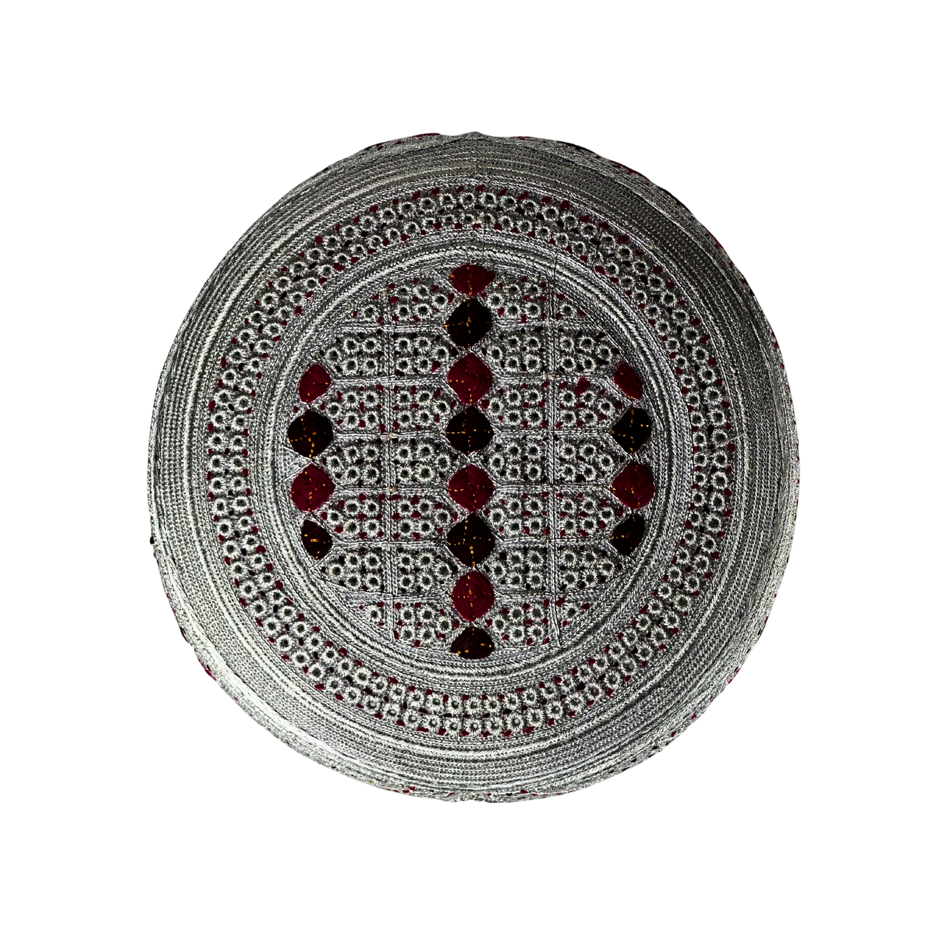 White Sindhi Topi - Pink Stitching - Dark Maroon And Maroon Tikki - Raja Cap