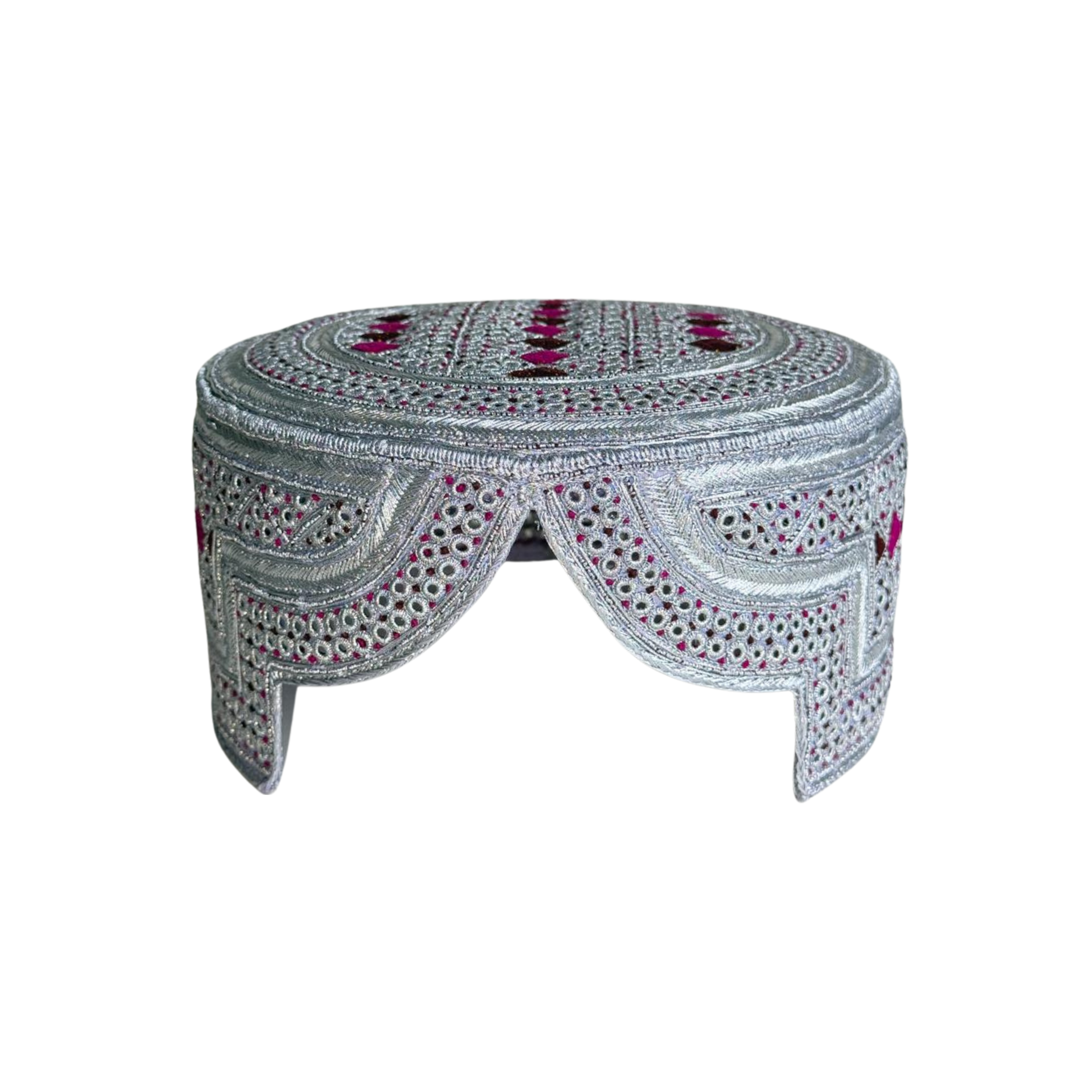 White Sindhi Topi - Pink Stitching - Brown and Pink Tikki - Raja cap