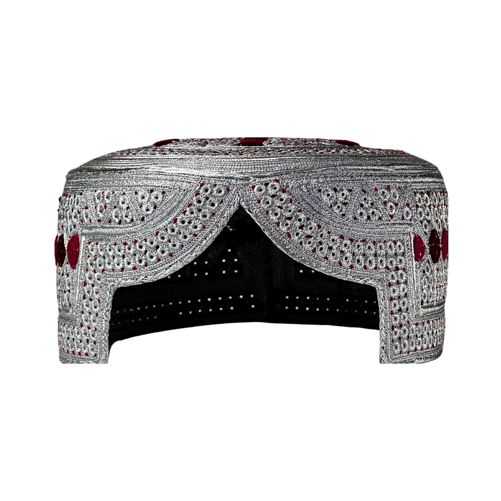 White Sindhi Topi - Pink Stitching - Dark Maroon And Maroon Tikki - Raja Cap