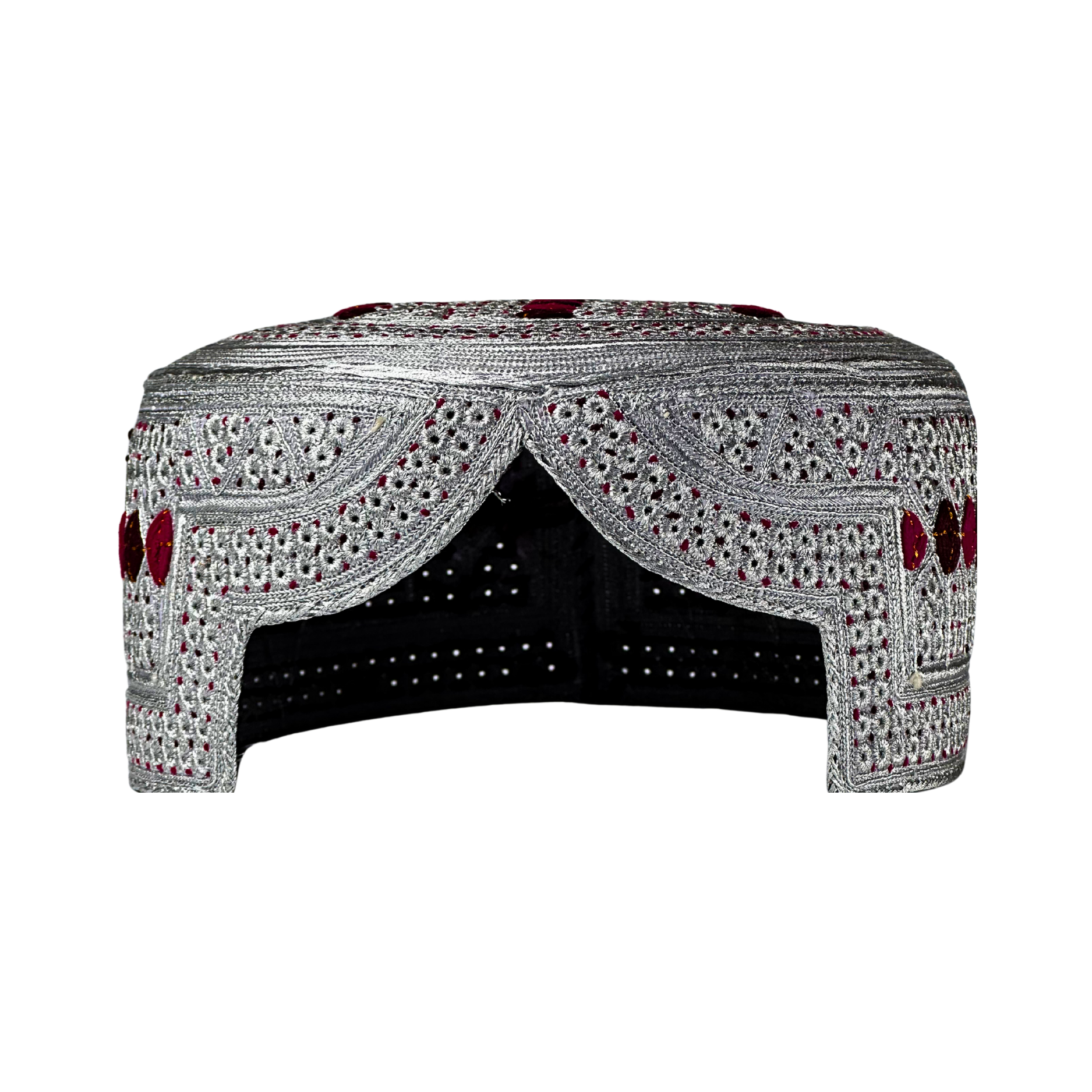 White Sindhi Topi - Pink Stitching - Dark Maroon And Maroon Tikki - Raja Cap