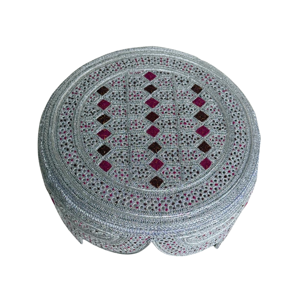 White Sindhi Topi - Pink Stitching - Maroon and Pink Tikki - Raja Cap