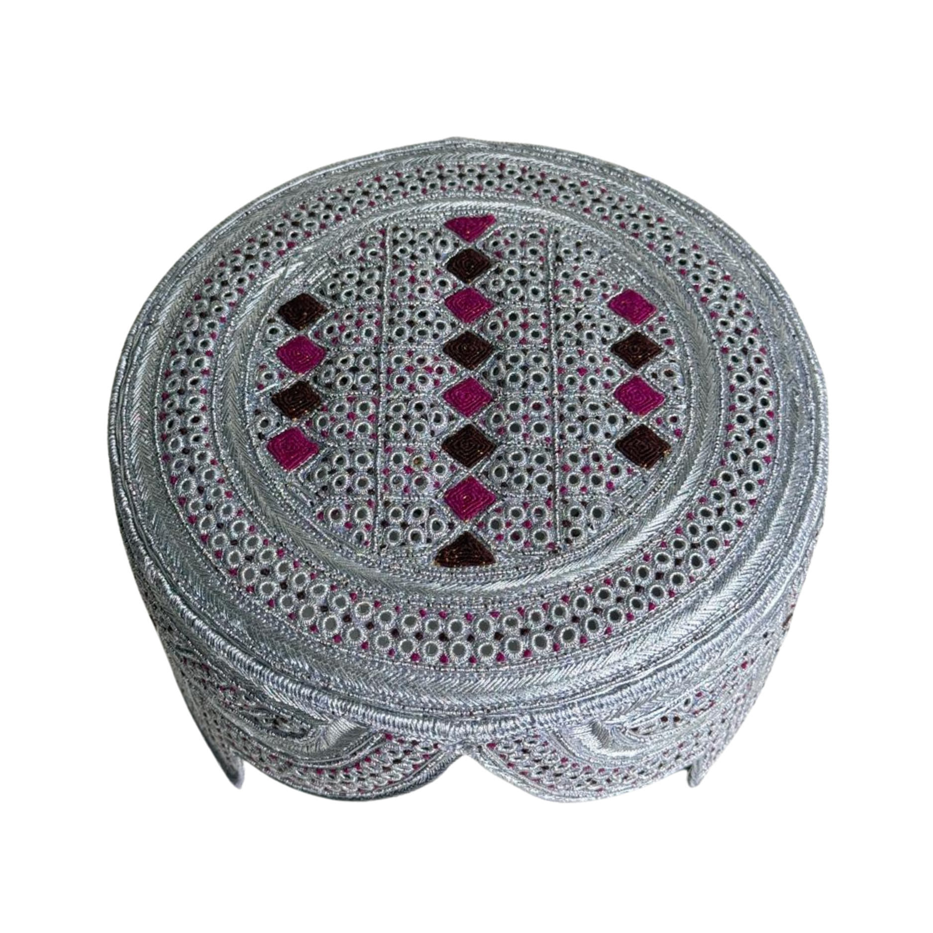 White Sindhi Topi - Pink Stitching - Brown and Pink Tikki - Raja cap