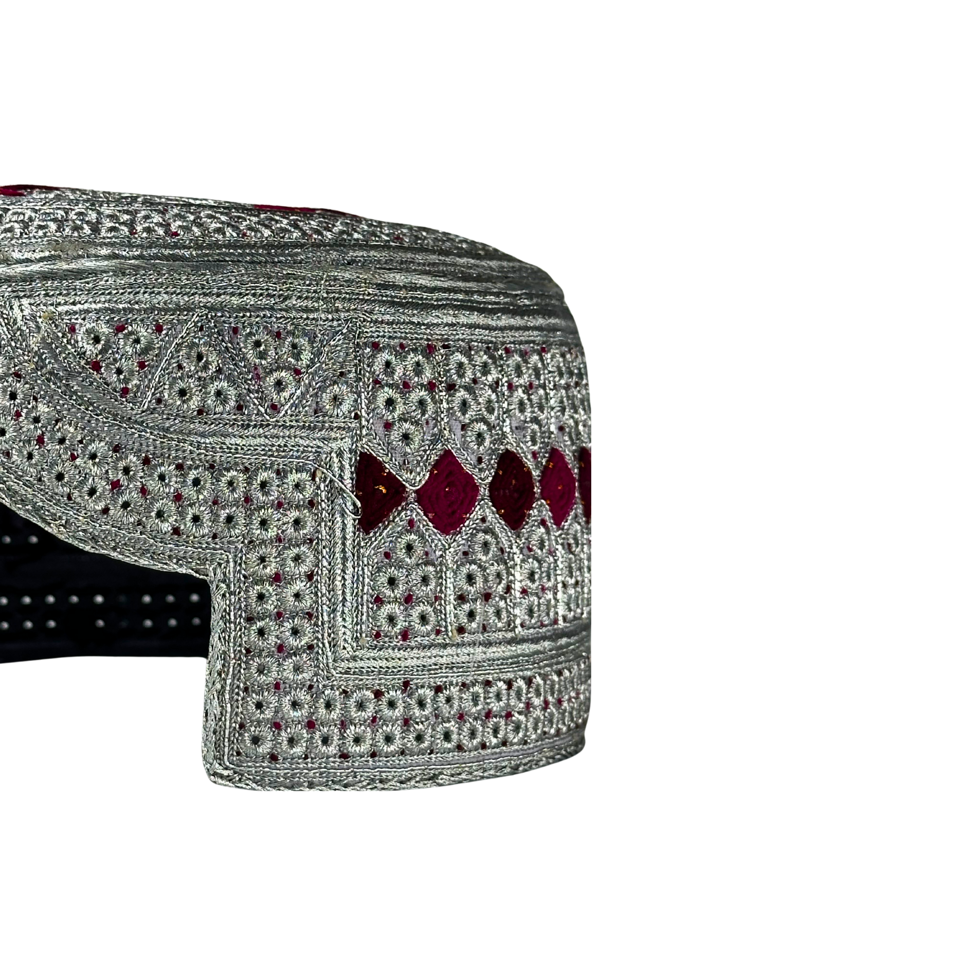 White Sindhi Topi - Pink Stitching - Maroon And Red Tikki - Raja Cap