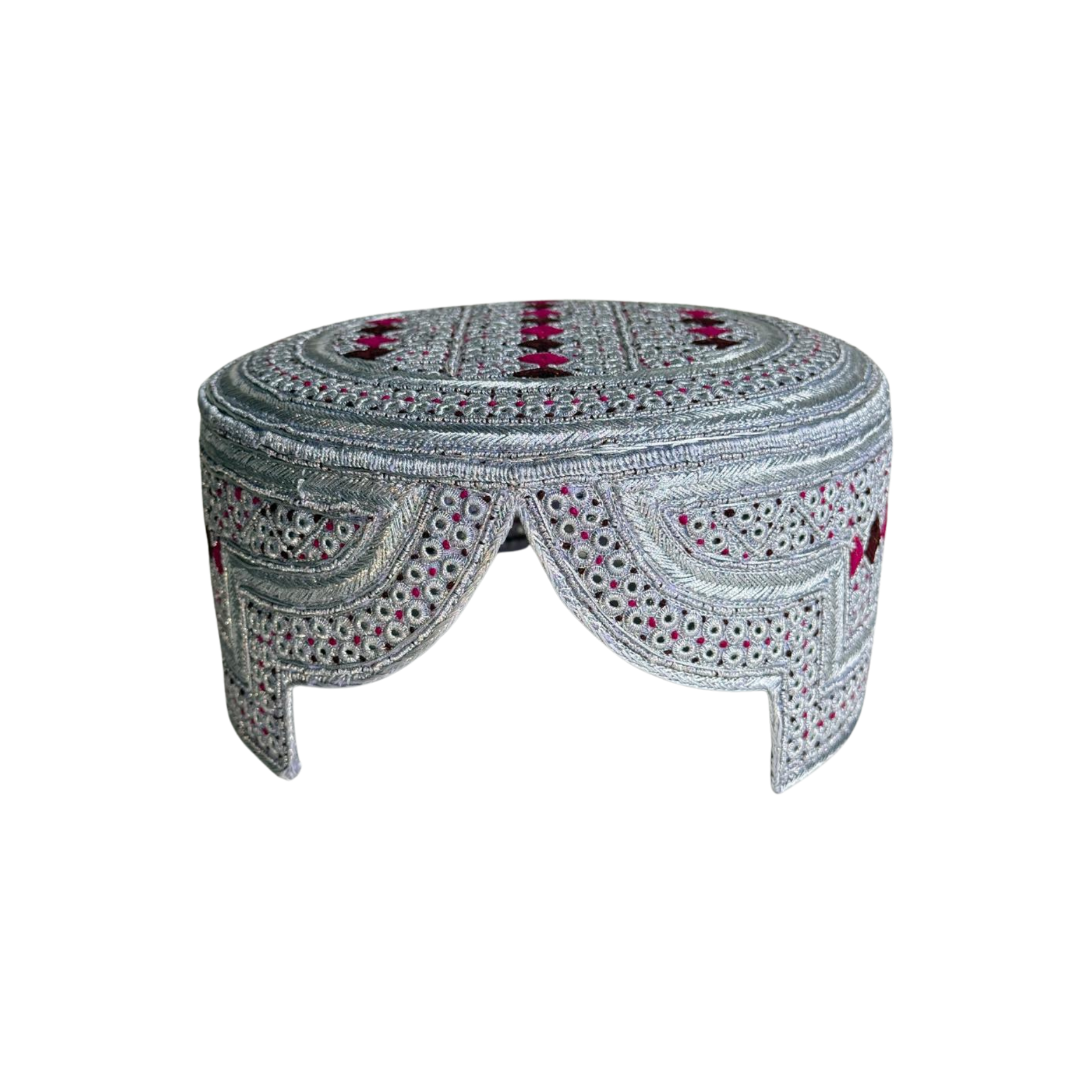 White Sindhi Topi - Pink Stitching - Pink and Brown Tikki - Raja Cap