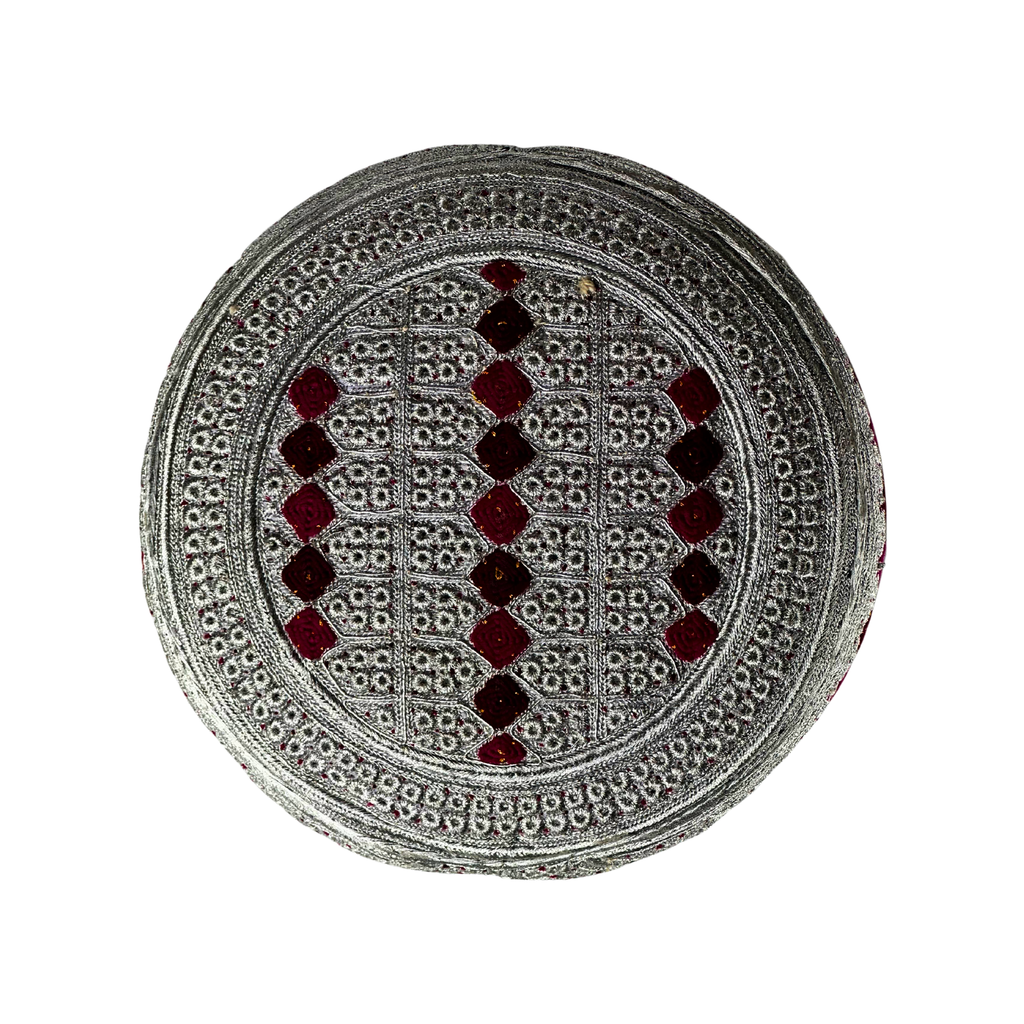 White Sindhi Topi - Pink Stitching - Maroon And Red Tikki - Raja Cap