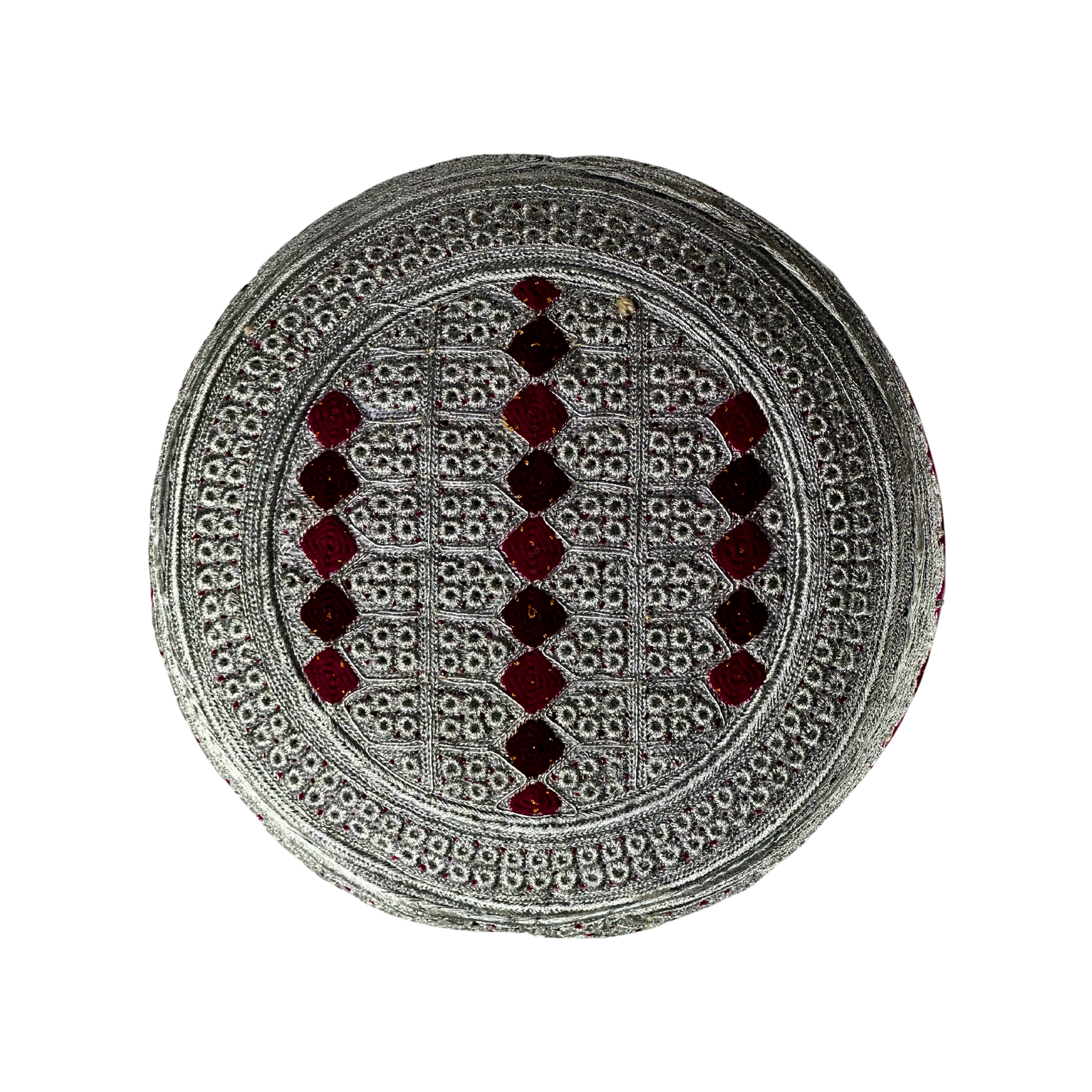 White Sindhi Topi - Pink Stitching - Maroon And Red Tikki - Raja Cap