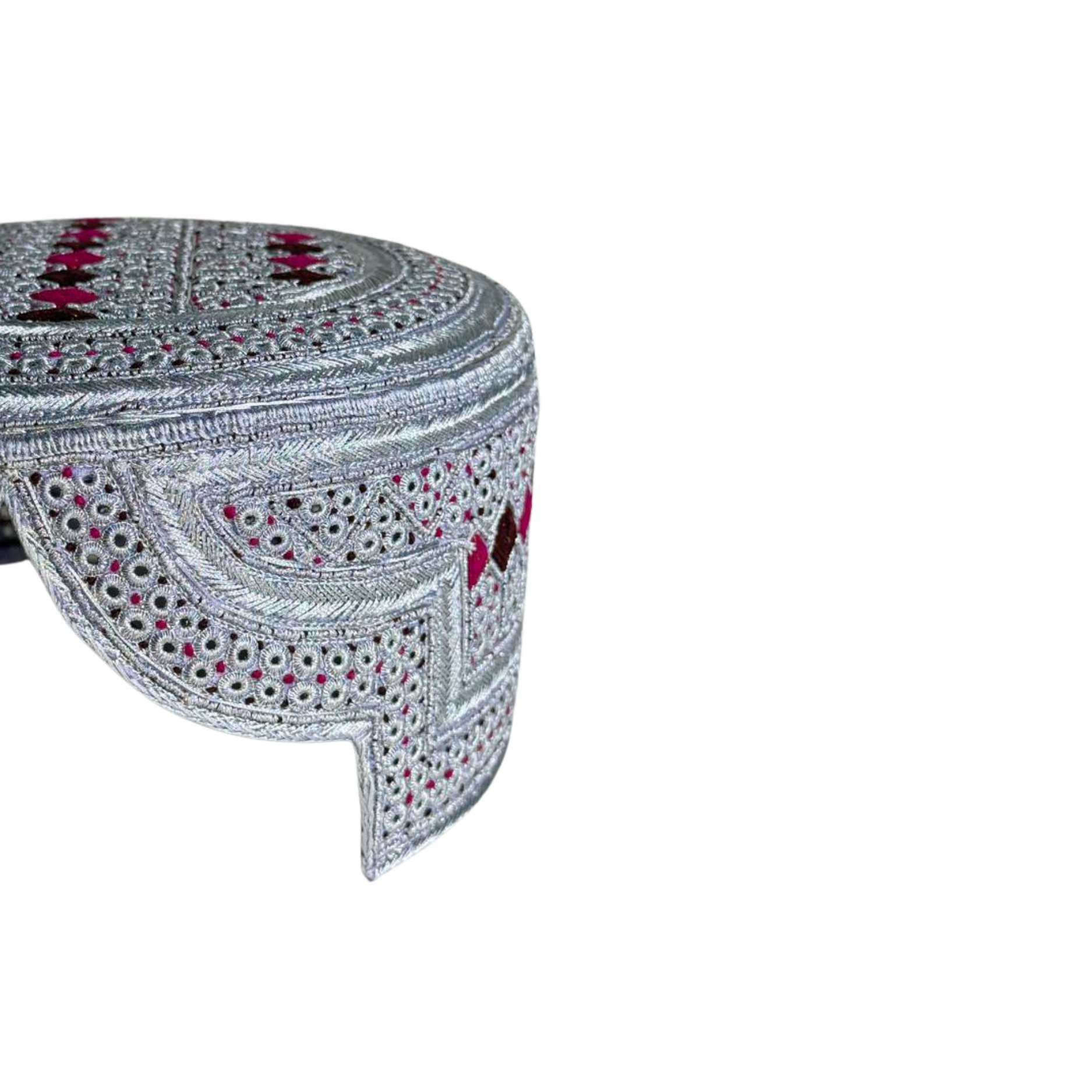White Sindhi Topi - Pink Stitching - Pink and Brown Tikki - Raja Cap