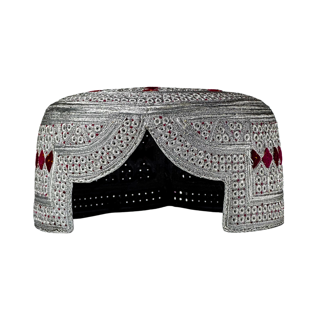 White Sindhi Topi - Pink Stitching - Maroon And Red Tikki - Raja Cap