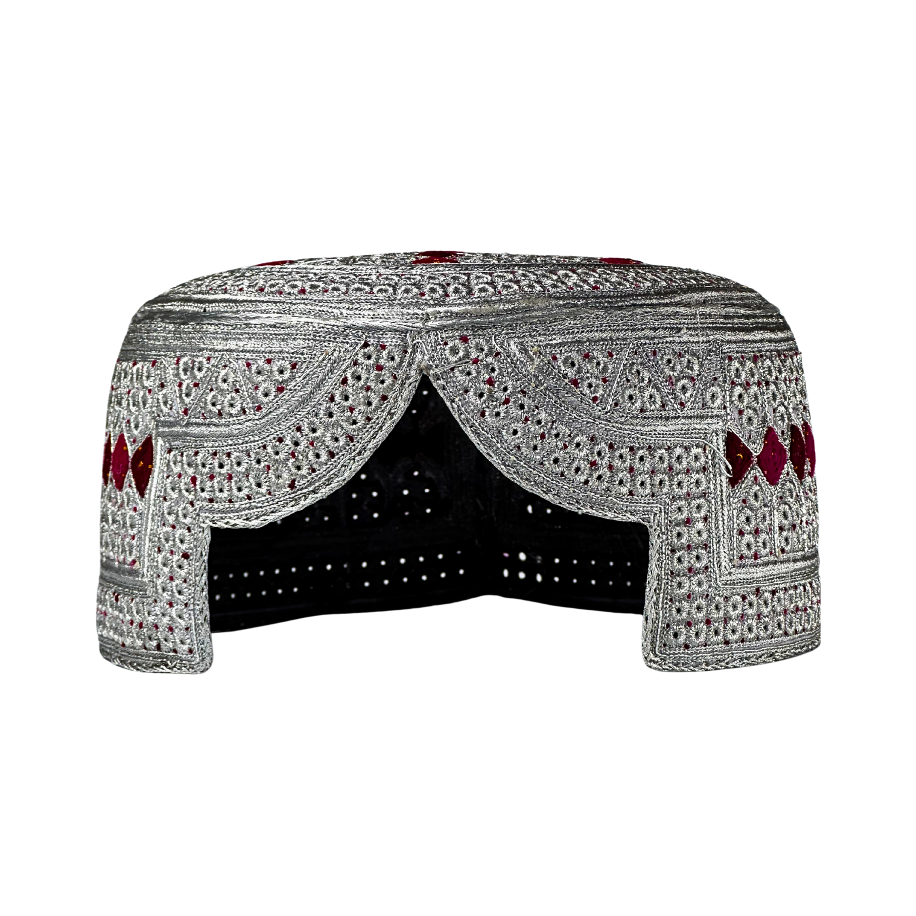 White Sindhi Topi - Pink Stitching - Maroon And Red Tikki - Raja Cap