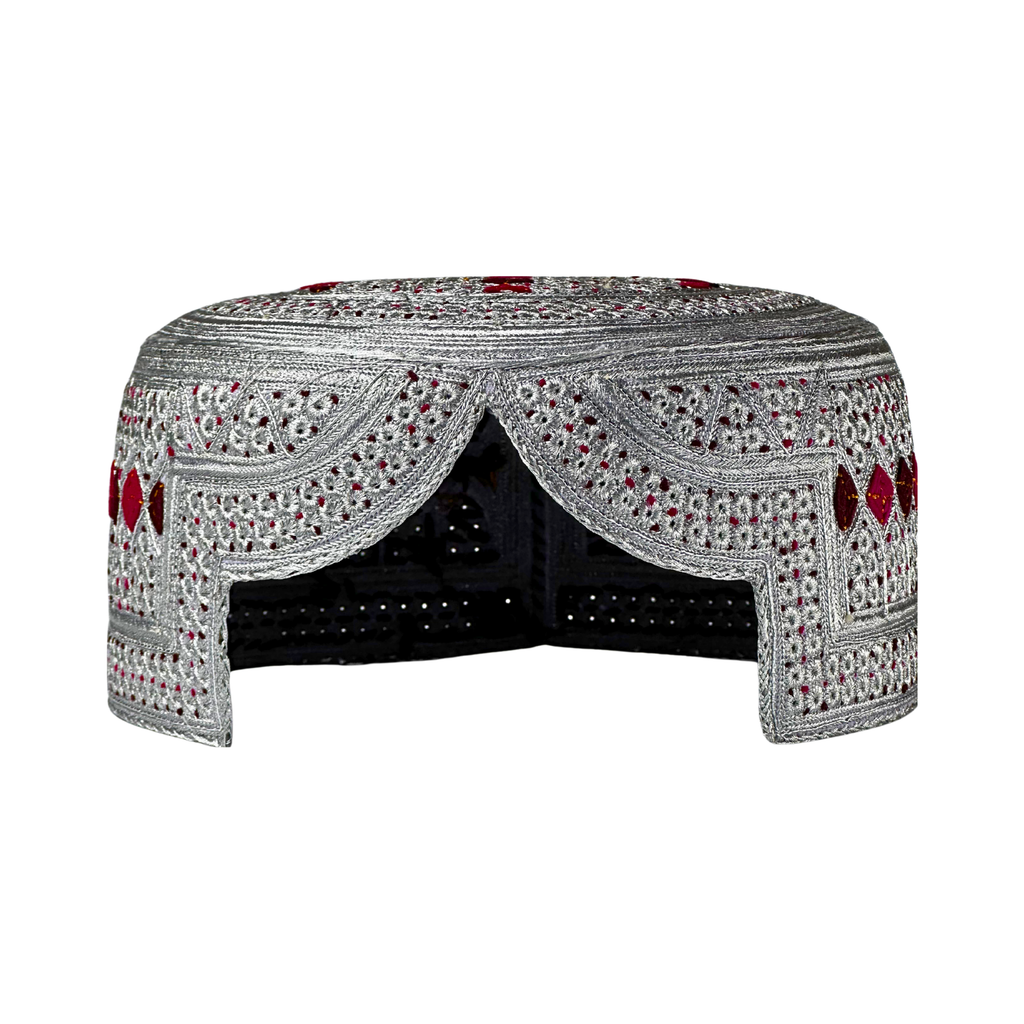 White Sindhi Topi - Pink Stitching - Pink And Red Tikki - Raja Cap