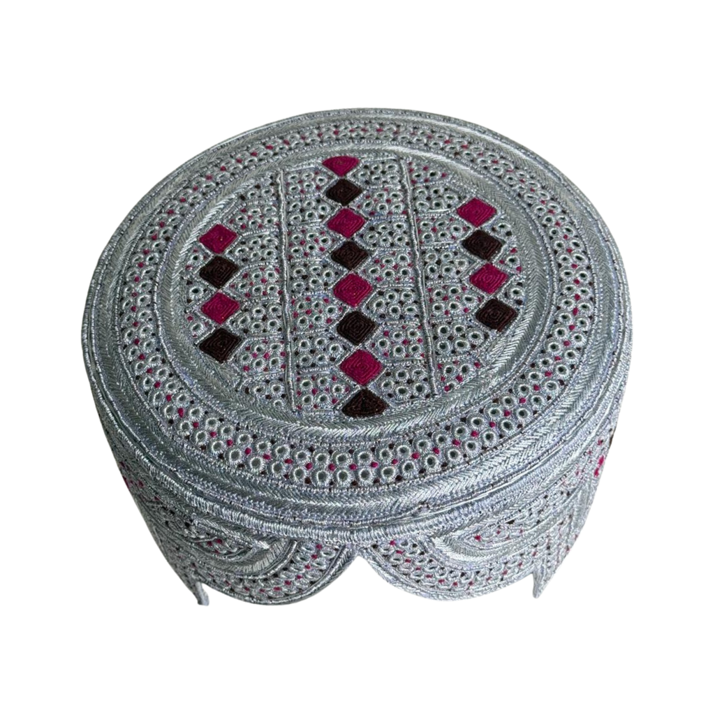 White Sindhi Topi - Pink Stitching - Pink and Brown Tikki - Raja Cap