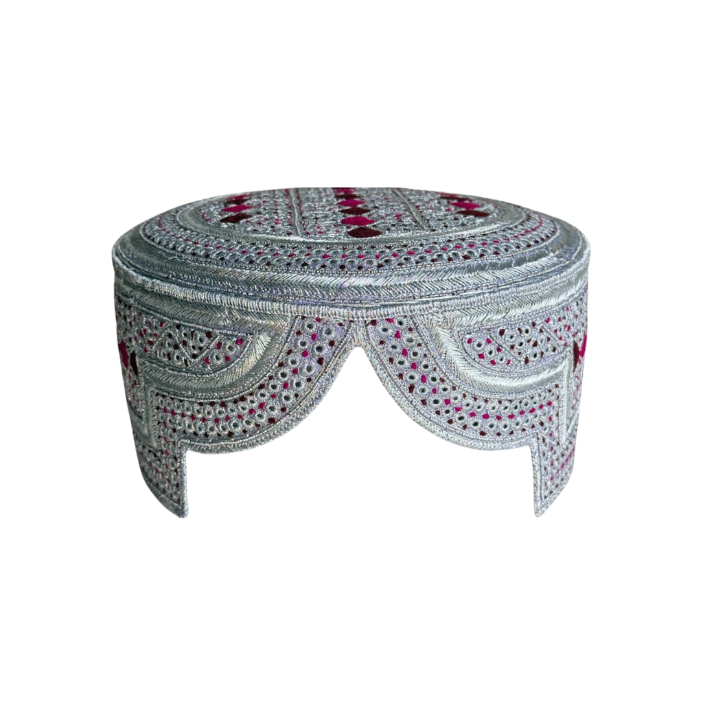White Sindhi Topi - Pink Stitching - Maroon and Pink Tikki - Raja Cap