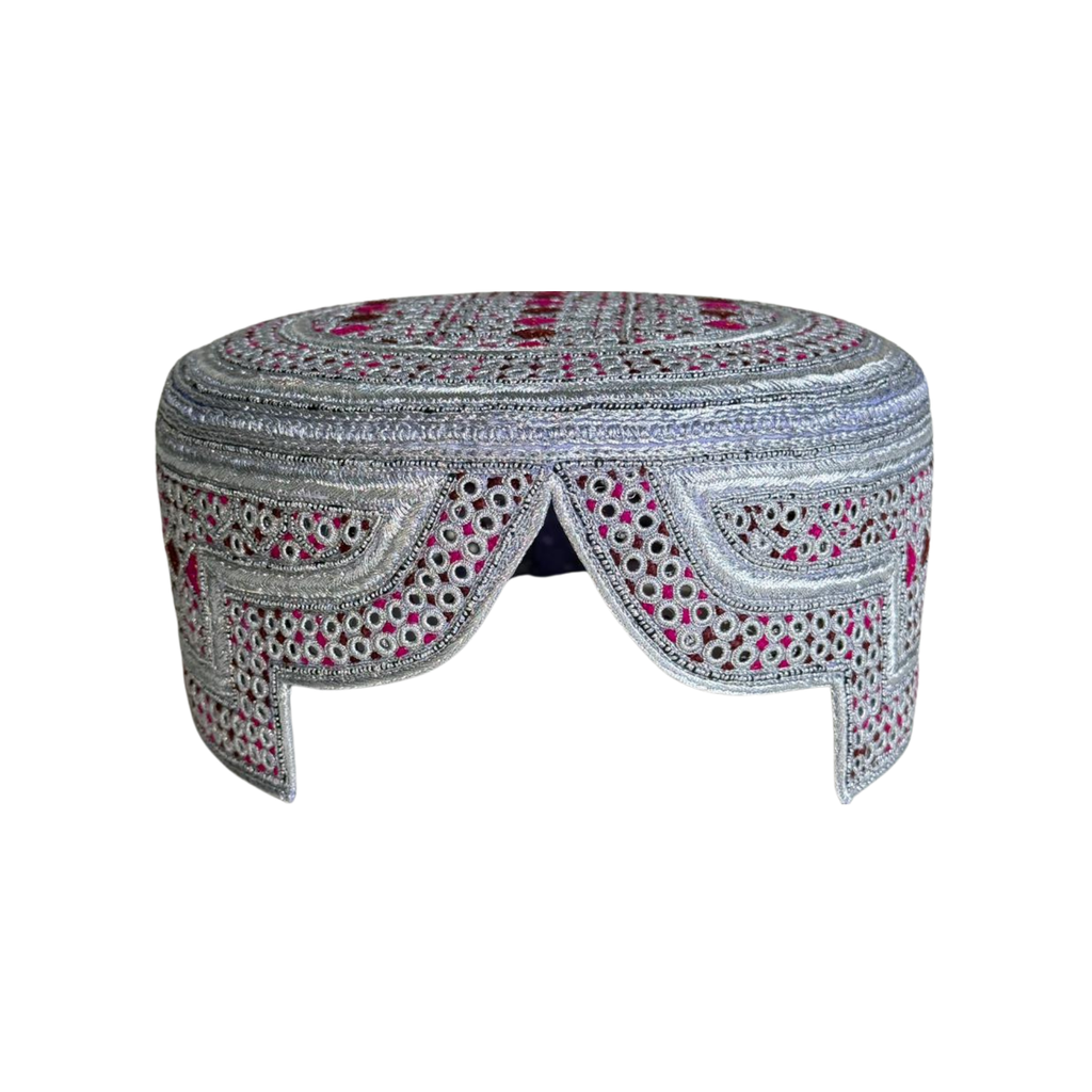 White Sindhi Topi - Stitching Pink and Brown -  Brown and Pink Tikki - Raja Cap