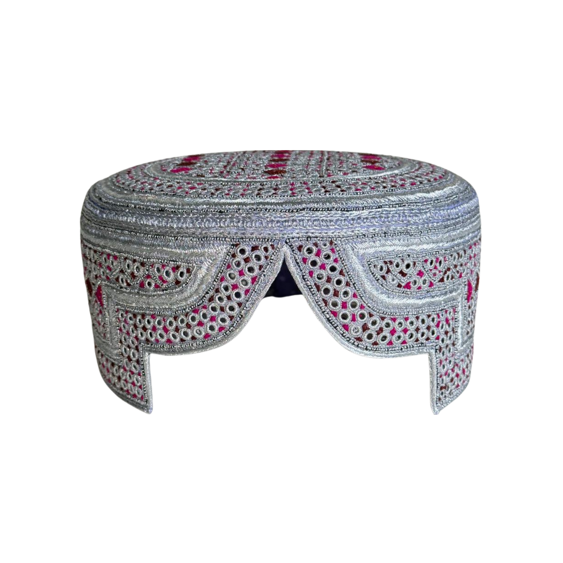 White Sindhi Topi - Stitching Pink and Brown -  Brown and Pink Tikki - Raja Cap